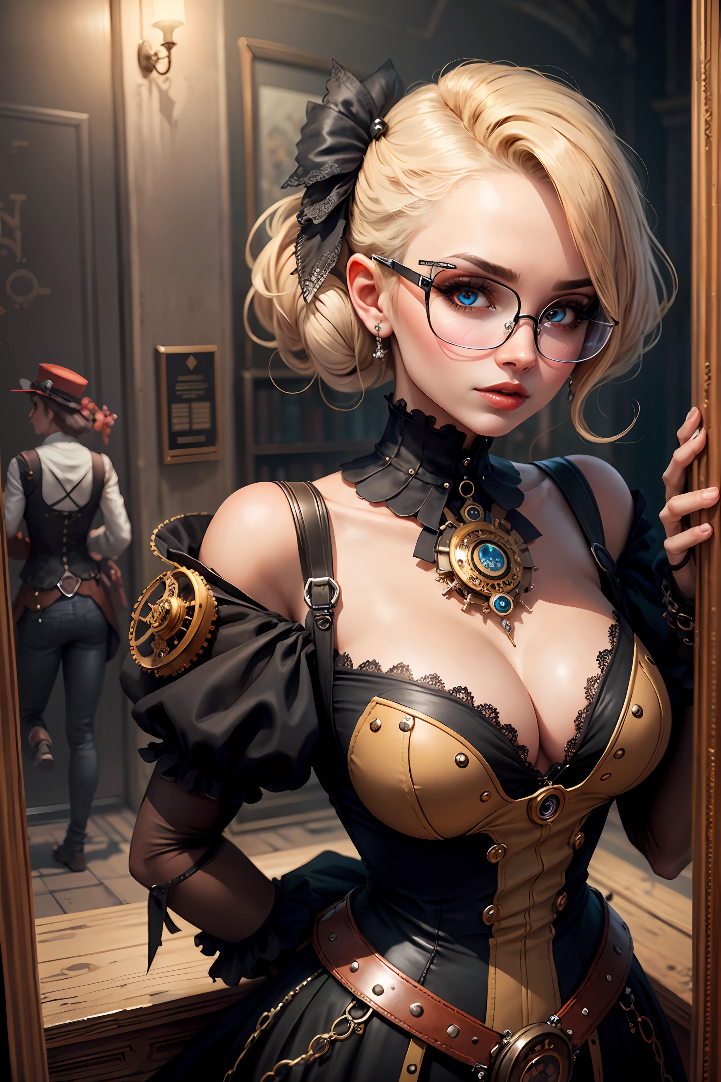 a painting of a woman, steampunk, eye implants, e-girl, gothic wearing, steampunk glasses, elegant girl, gothic girl face, grungy gothic, the encrypted metaverse, clockwork, aviators, girl in love
