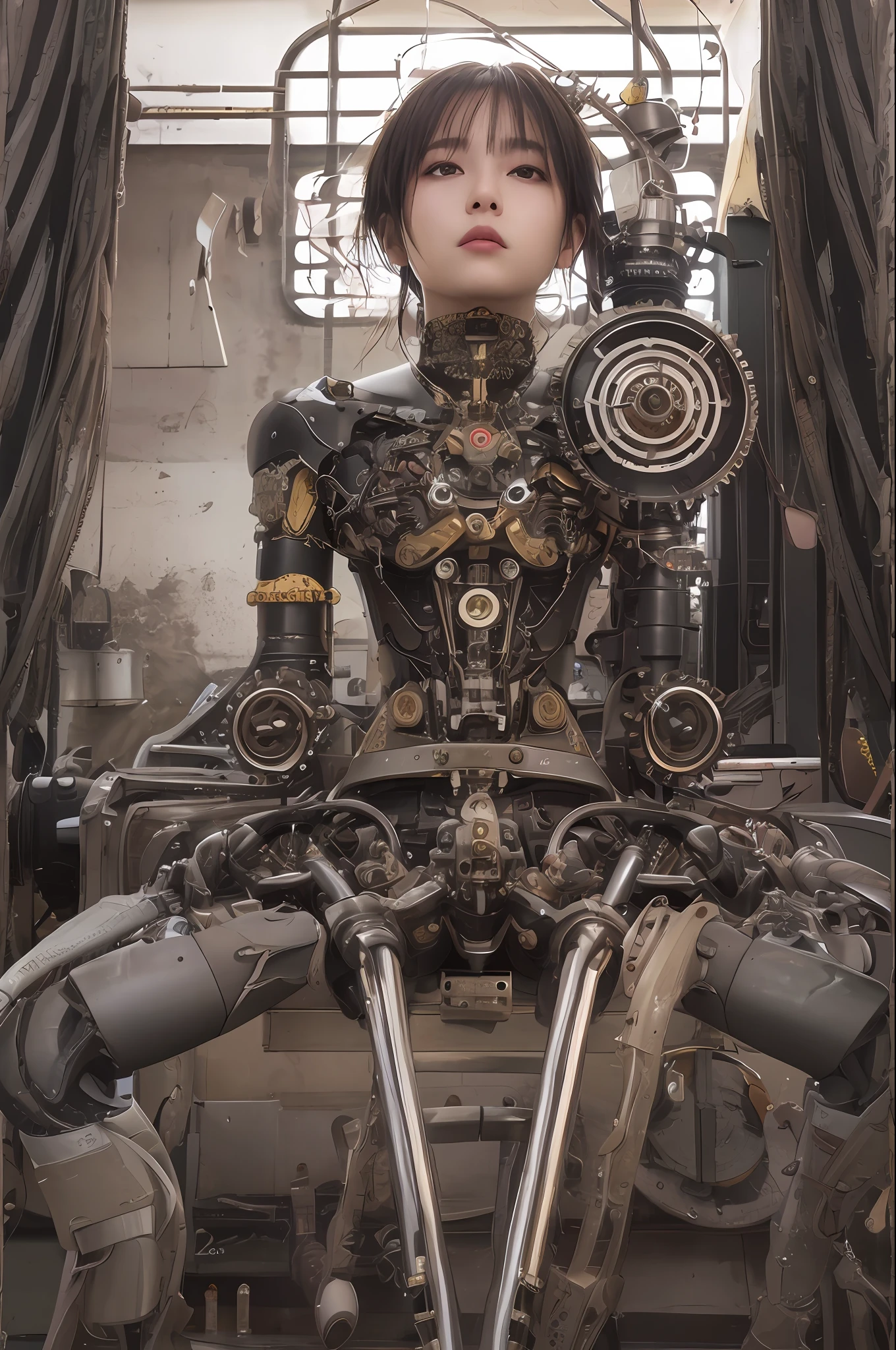 最好质量、巨作、ultra-high-resolution、(photoreallistic:1.4)、Raw photo、1 girl with big、Black hair、glowy skin、1 Mechanical Girl、((hyper realistic detail))、portlate、Global Illumination、Shadow、octane rend、8K、ultrasharp、big tit、Raw skin is exposed in cleavage、metals、Details of complex ornaments、Steampunk details、Analog Meter、cog、gear、Golden hydraulic cylinder、hyper intricate details、Realistic light、CGSoation Trends、purple colored eyes、eyes glowing、Facing the camera、neon details、Mechanical limbs、blood vessels connected to tubes、Mechanical vertebrae attached to the back、mechanical cervical attaching to neck、sitting on、Wires and cables connecting to the head、vacuum tubes、meter、evangerion、Small LED lamp、The background is a steampunk city、