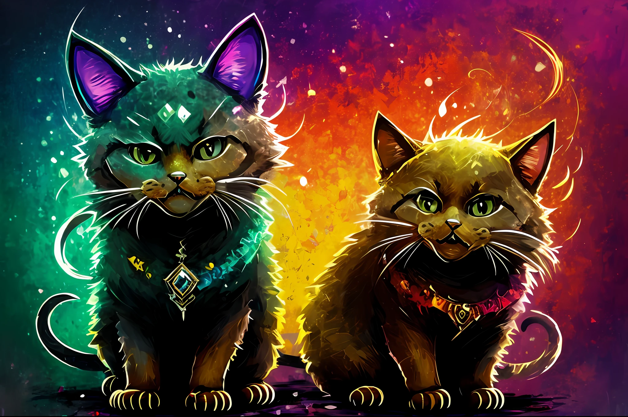 pintura de (((um gato))) em um fundo colorido, uma pintura digital expressiva, Non-style art by Joshy Sly, digital mixed media painting, arte mista, arte digital expressiva, desenho digital, glitchart, em estilo de pintura digital, whimsical demon with rainbow fur, Pintura estilizada, Arte Digital. quadrinhos coloridos