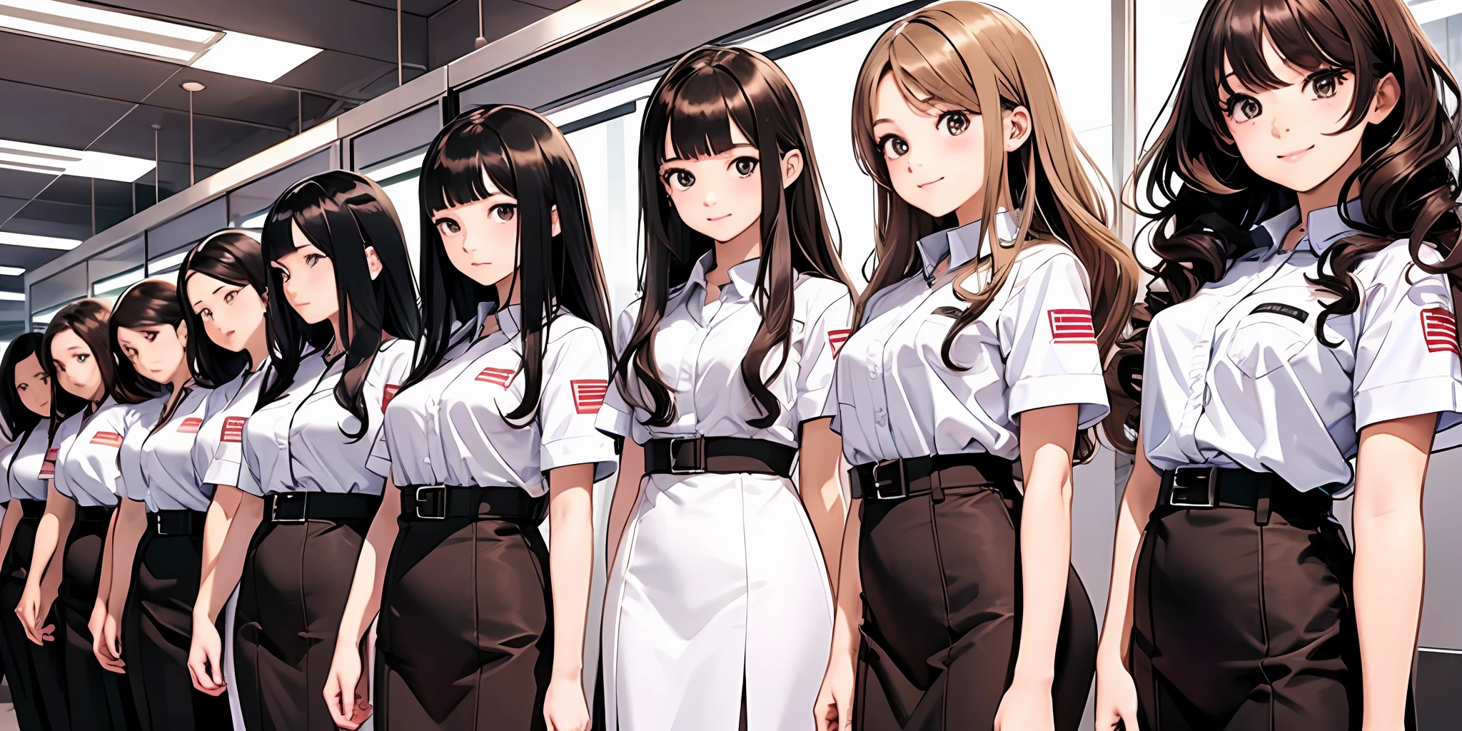perfect anime illustration, multiple girls, thousands of girls, millions of girls, clones, identical sisters, neat rows of sisters, neat columns of sisters, sisters standing in formation, sisters in background, brown hair, curly hair, matching hairstyle, hazel eyes, smiling, ((matching outfits, office lady uniform)), matching hairstyles, white background, highres, full body, pose