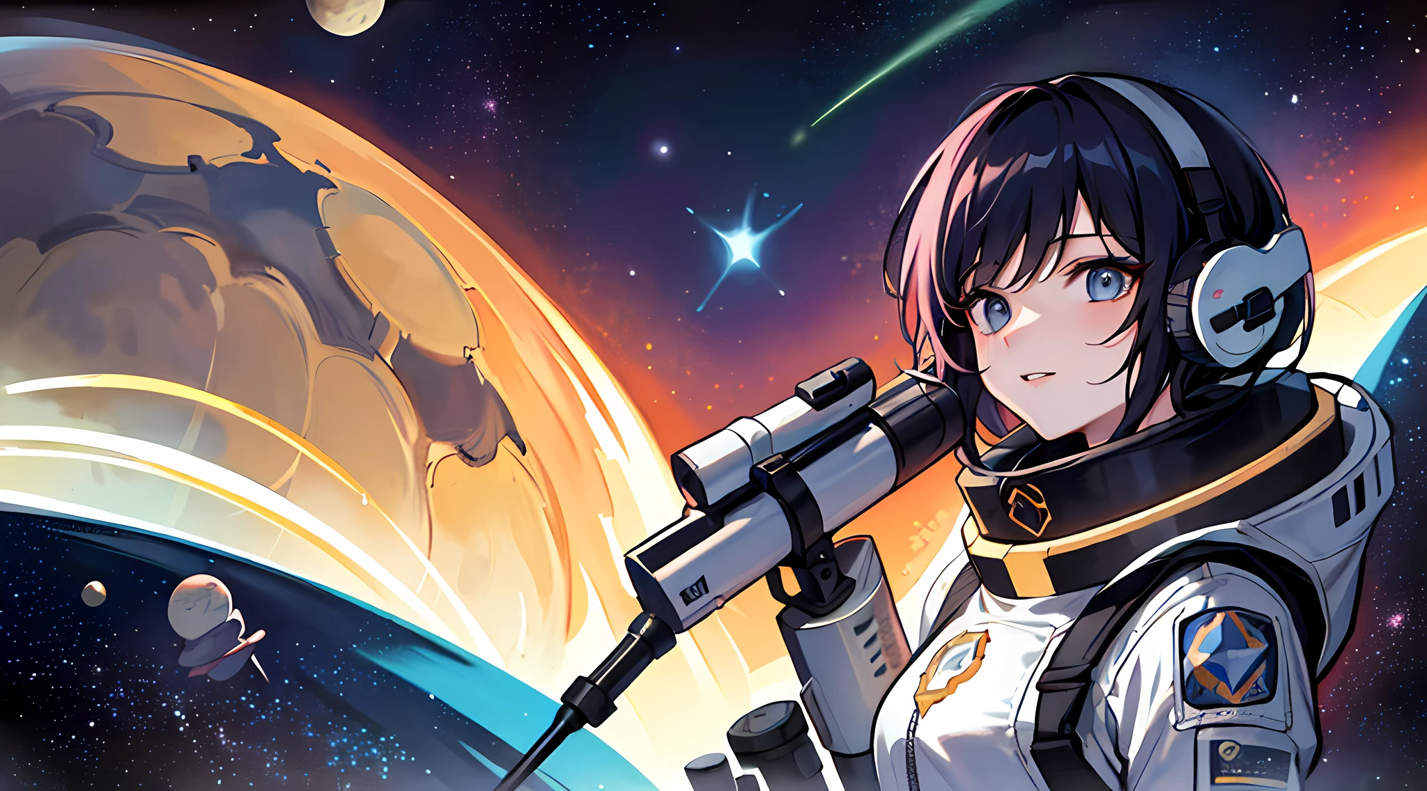 best quality, (masterpiece), Ultra-detailed, (novel illustration:1.2), (korean webtoon style:1.2), (bold line), (highres:1.2), dramatic light, 1girl, observatory, space through long telescope, space, planets, meteors, light rays between planets, top view, beautiful faces, gears