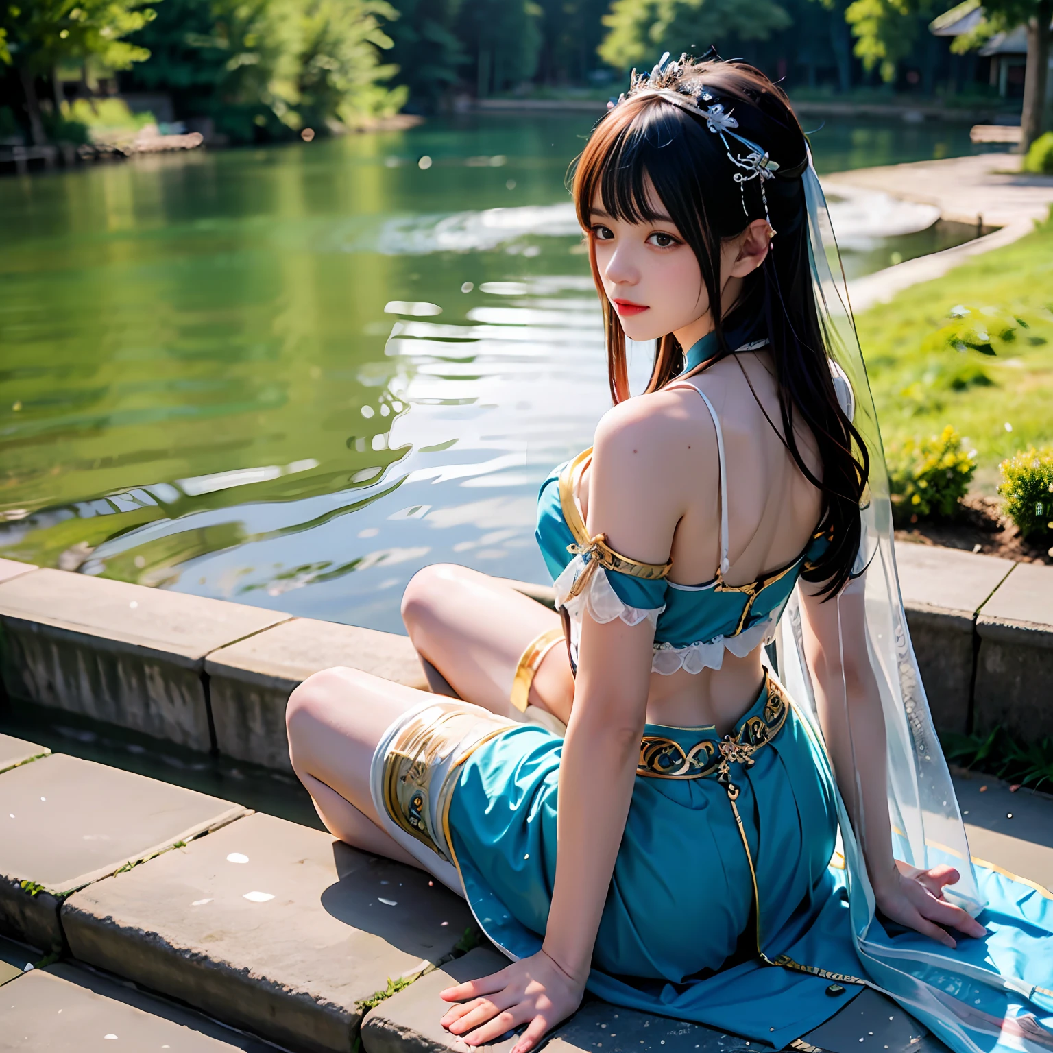 (masterpiece),(best quality),(ultra-detailed),full body,1 girl,china goddess,Sit by the river,Beat her feet to make a splash,,yokozuwari,looking back,(nose blush:1.2),light blush,hair slicked back,bare shoulder,veil,midriff