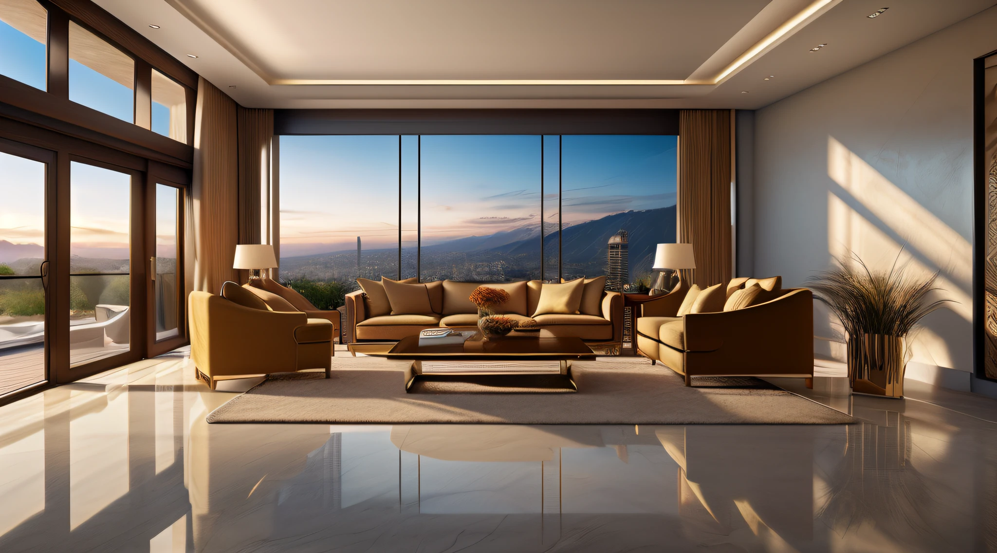 an award winning masterpiece, raw, analog photograph, ultra high def, 8K, Modern living room,extra large windows, futuristic furniture, luxury furniture upholstery and elegant home textiles,Warm colors,Incredible detail, Natural colors,lifelike textures,Photoreal (Photorealistic:1.5)(Hyperrealistic:1.5)