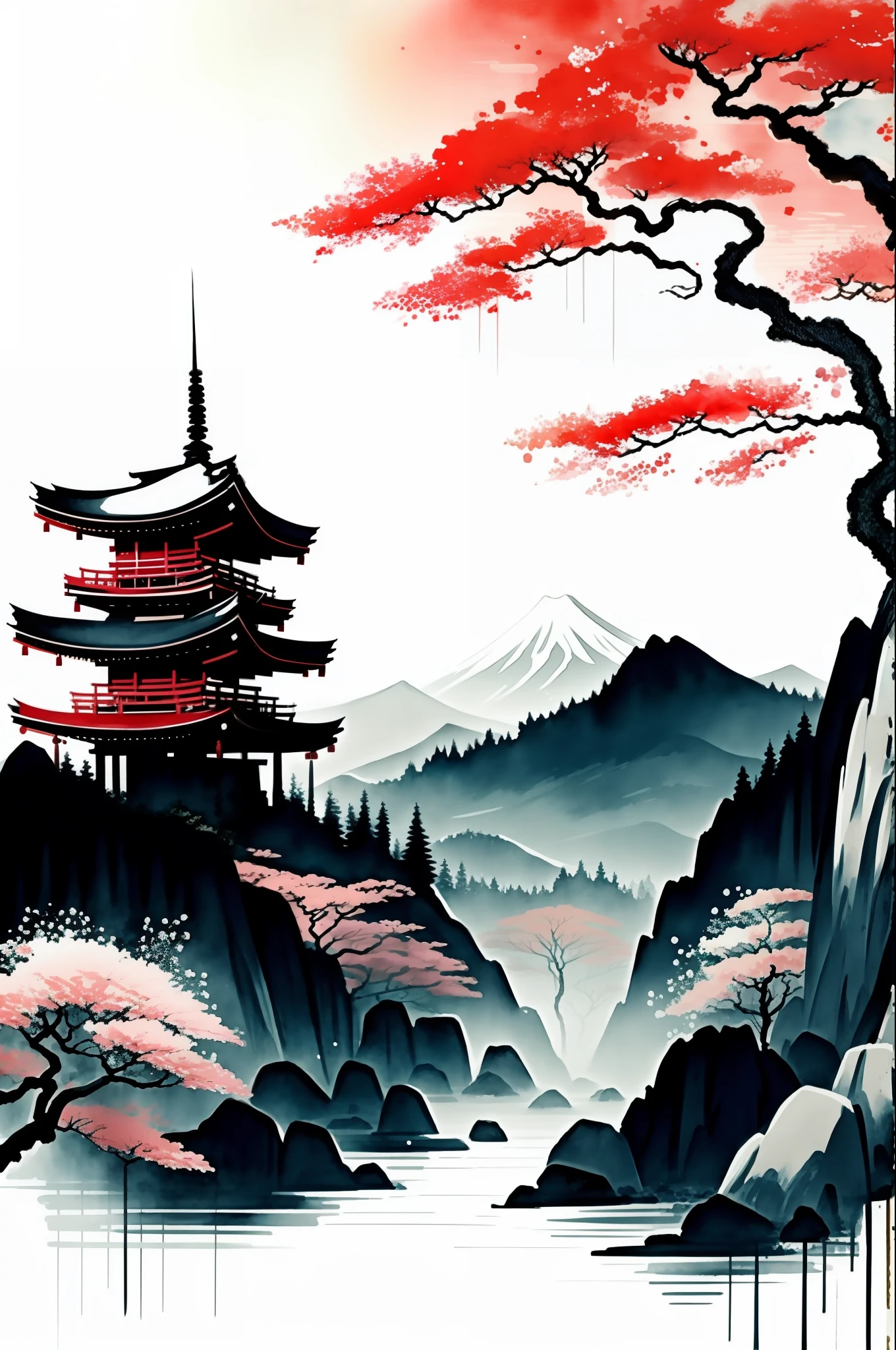 white background, landscape, watercolor,japanese samurai fighting,while snow falls