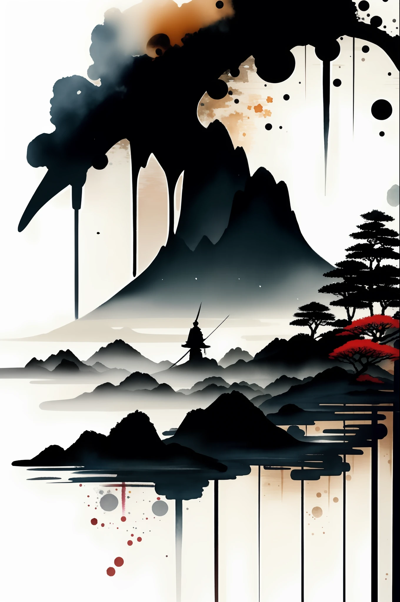 white background, landscape, watercolor,japanese samurai fighting,while snow falls