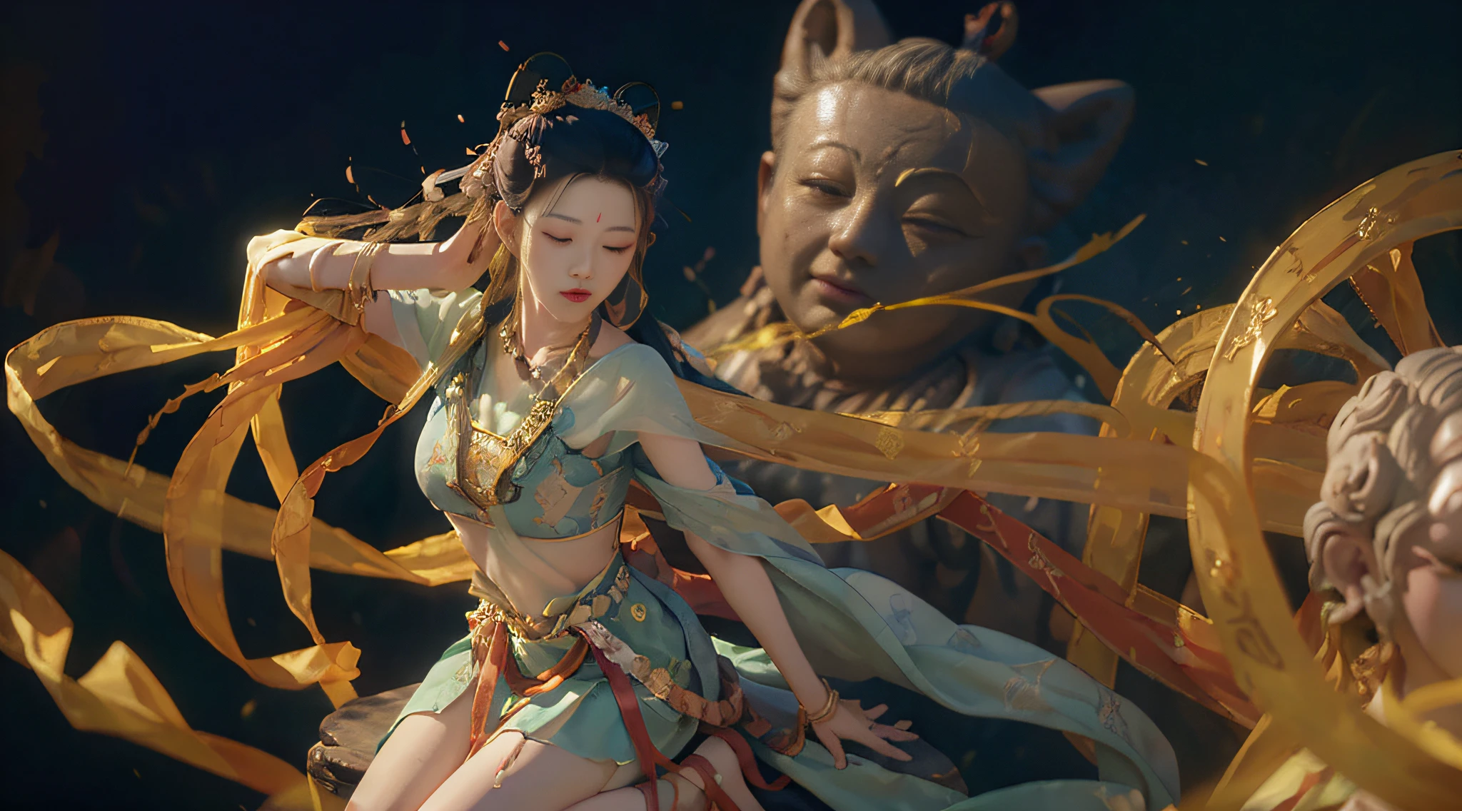 (8K, OriginalPhoto, Best quality, masterpaintings:1.2)， (Realistic, photo-realistic:1.4),((A large number of ribbons fluttering in the air))，(1 girl sitting in front of the Buddha statue),(solo)，Look at it from above，Diffuse reflection of the atmosphere，volumettic light，（独奏），Flying action，((shadowed))，((Dark photos)),(Dunhuang style)，photo realistic，Dim photos，Bodhisattva gestures, filmgrain，cinematiclight，astonishing，