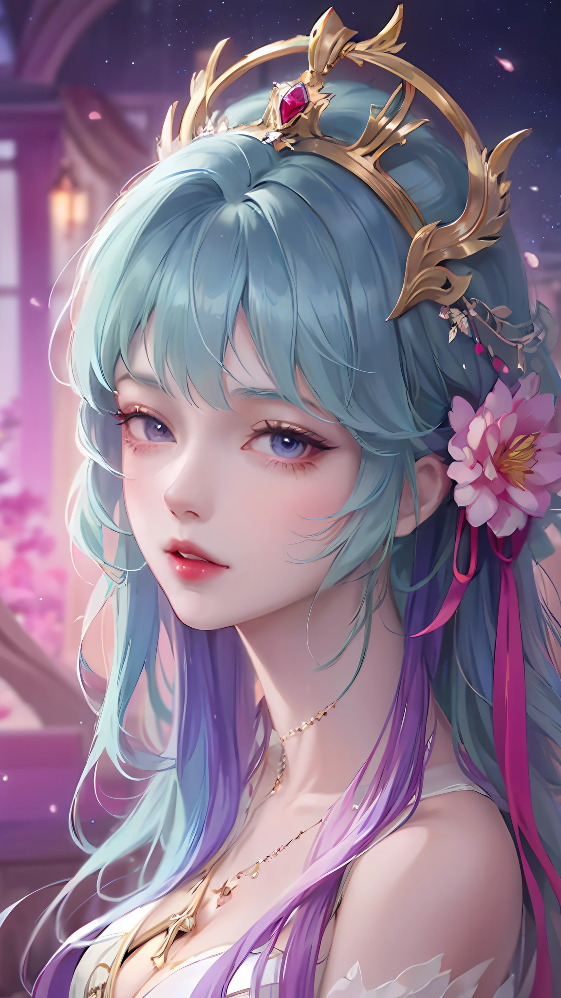 anime girl with blue hair and a flower crown, Guviz-style artwork, ((a beautiful fantasy empress)), a beautiful anime portrait, Guviz, Beautiful anime girl, Smooth anime CG art, beautiful anime style, Guweiz in Pixiv ArtStation, 8K high quality detailed art, Guweiz on ArtStation Pixiv