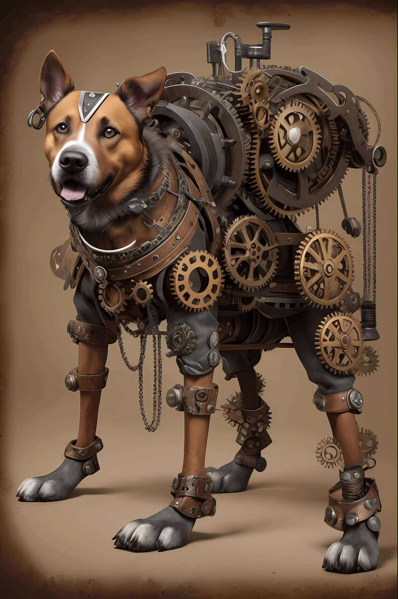 Steampunk style dog, half mechanical and half biological, with weapons and gears