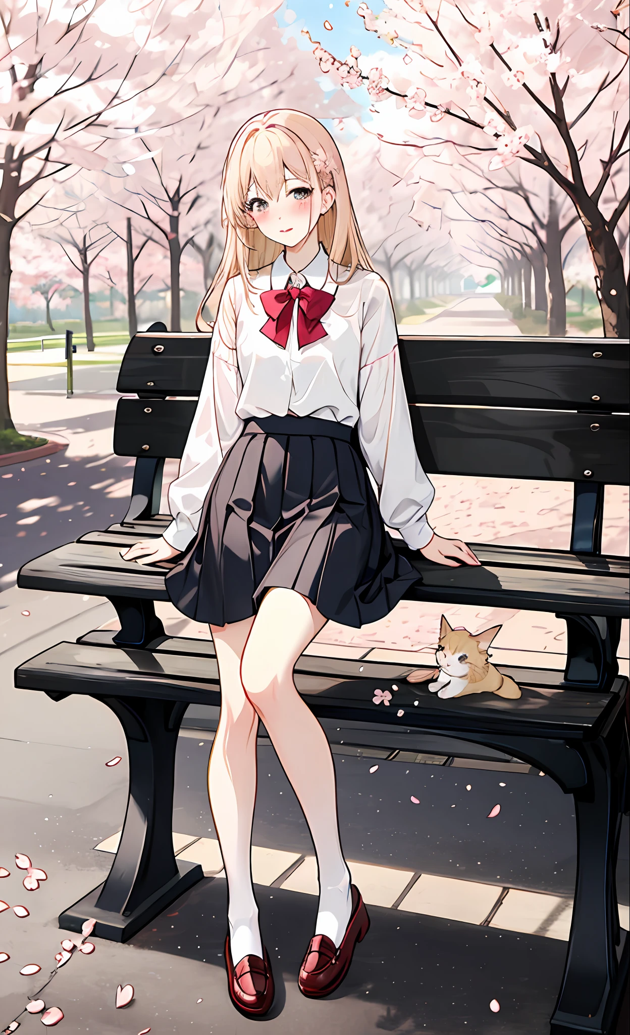 school clothes,White top,Black stockings,leather shoes,Thin leg,photographed,coiffed blonde hair,(cherry blossums),parks,the benches,blush on,meet,手拿👜手提包,makeups,lipsticks,sun beam,Cherry blossoms fall,length hair,slippers