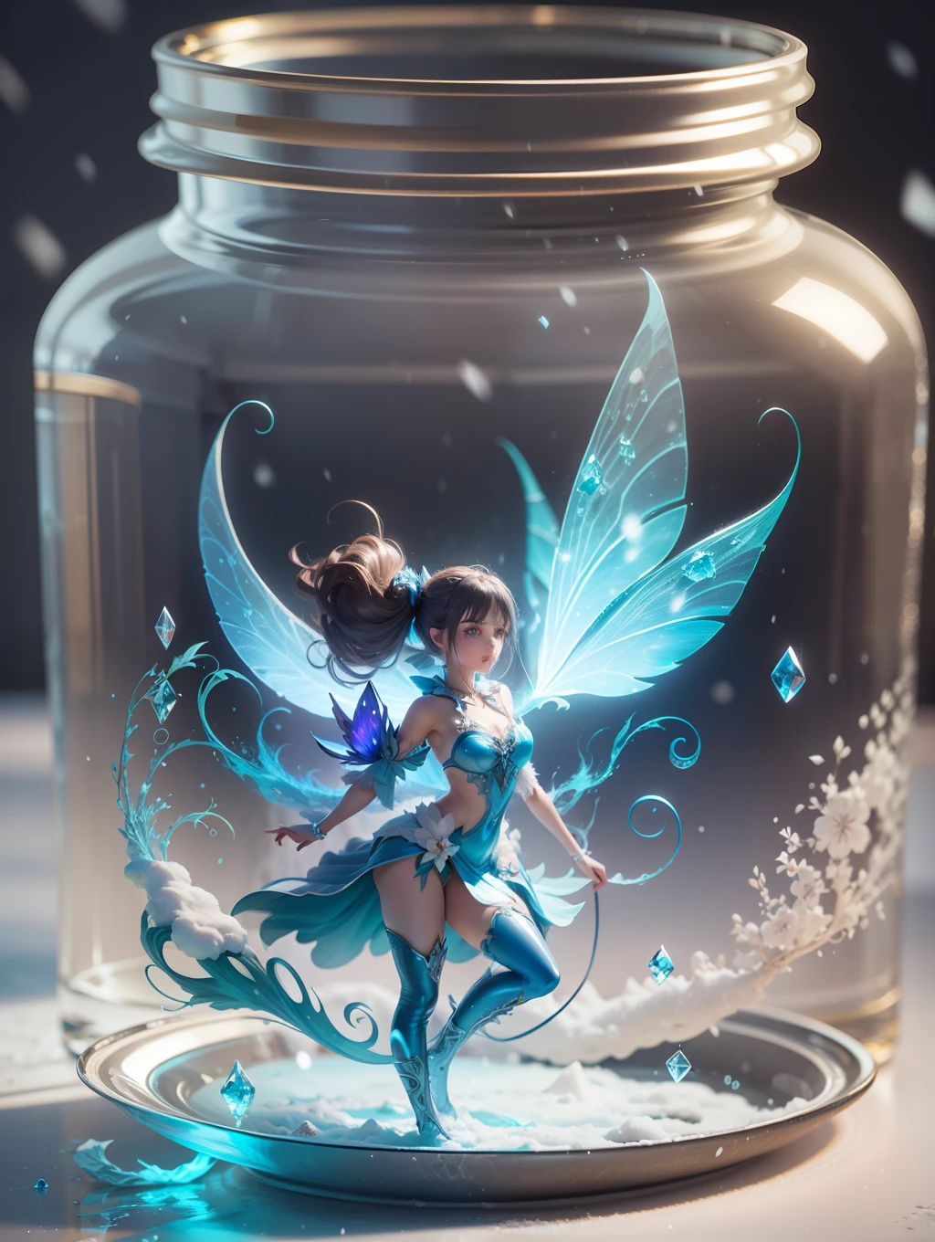 a woman dressed as a fairy in a glass jar, fantasy art, female made of ice, 3d anime girl, listing image, diamond skin, depicted as a 3 d render, floating in perfume, tundra, defence, ability image, snow and blue fire, blue image, female full body, modern arrir anime still image