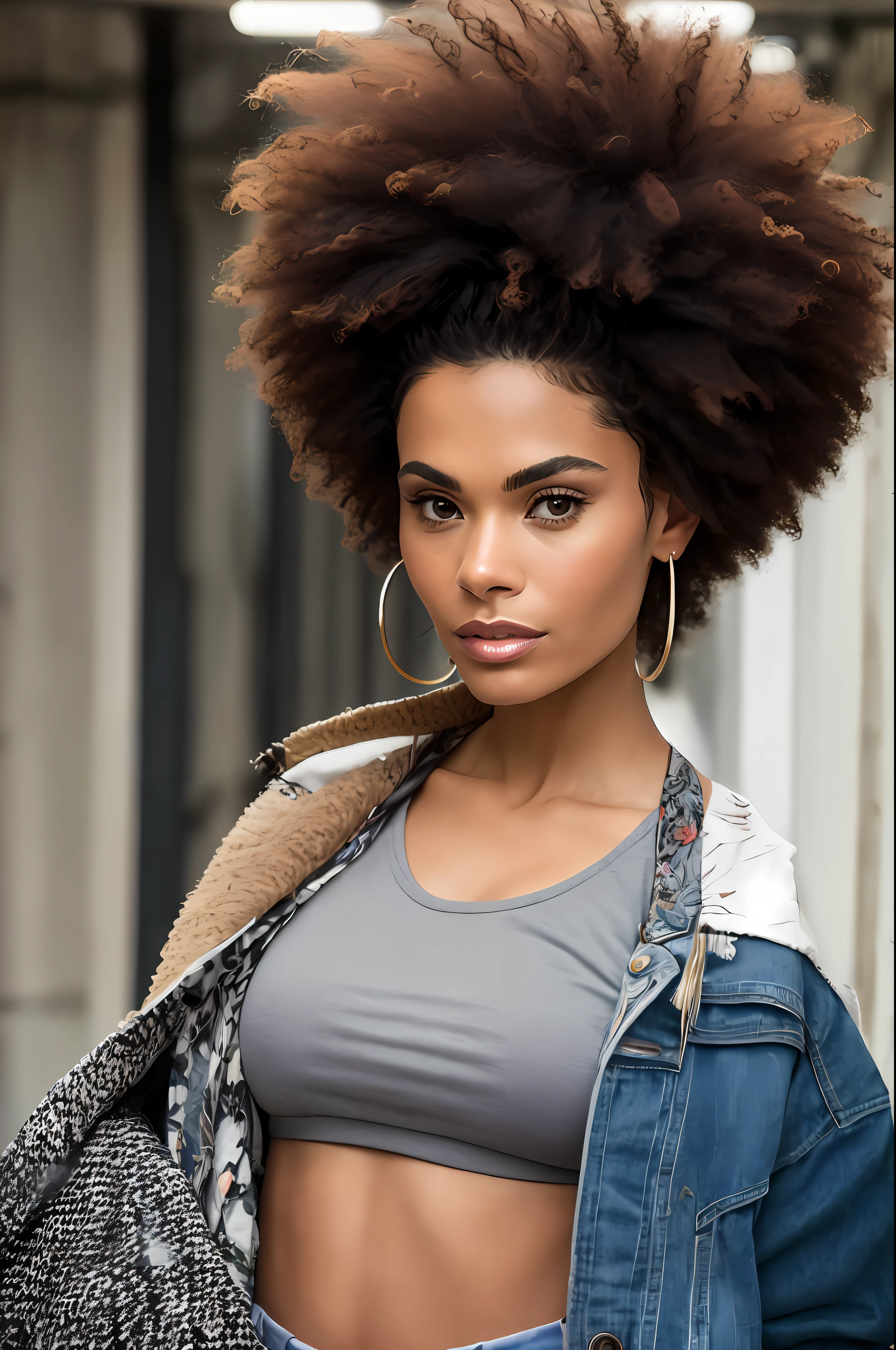 foto de retrato de TinaKunakey, cabelo afro enorme, mulher bonita, penteado para cima, treinando na academia(obra-prima) (melhor qualidade) (detalhado) (8k) (HDR) (papel de parede) (cinematiclighting) (sharp fokus) (intrincado)