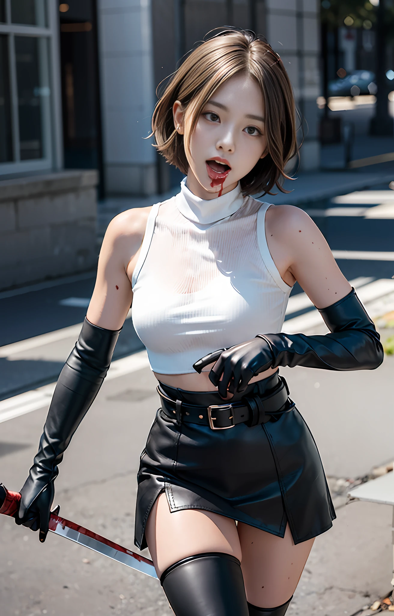 offcial art,extremely detailed CG Unity 8k wallpapers,optimal quality,masterpaintings,high resolucion,Pretty girl ninja,Short Hair Hair,Black cut top leather armor,Brown belt,Scabbards on thighs,Japanese knife,Leather gloves,Black mini leather skirt,Black over-the-knee flat boots,Tight Leather,Small face,The skirt leaks, spread legswide,No Panty,bloods,Bloody scars on the stomach,Blood at the corners of the mouth,Stick out your tongue,wounded in fight,killed in fight,Corpse,Look up,half-closed eye