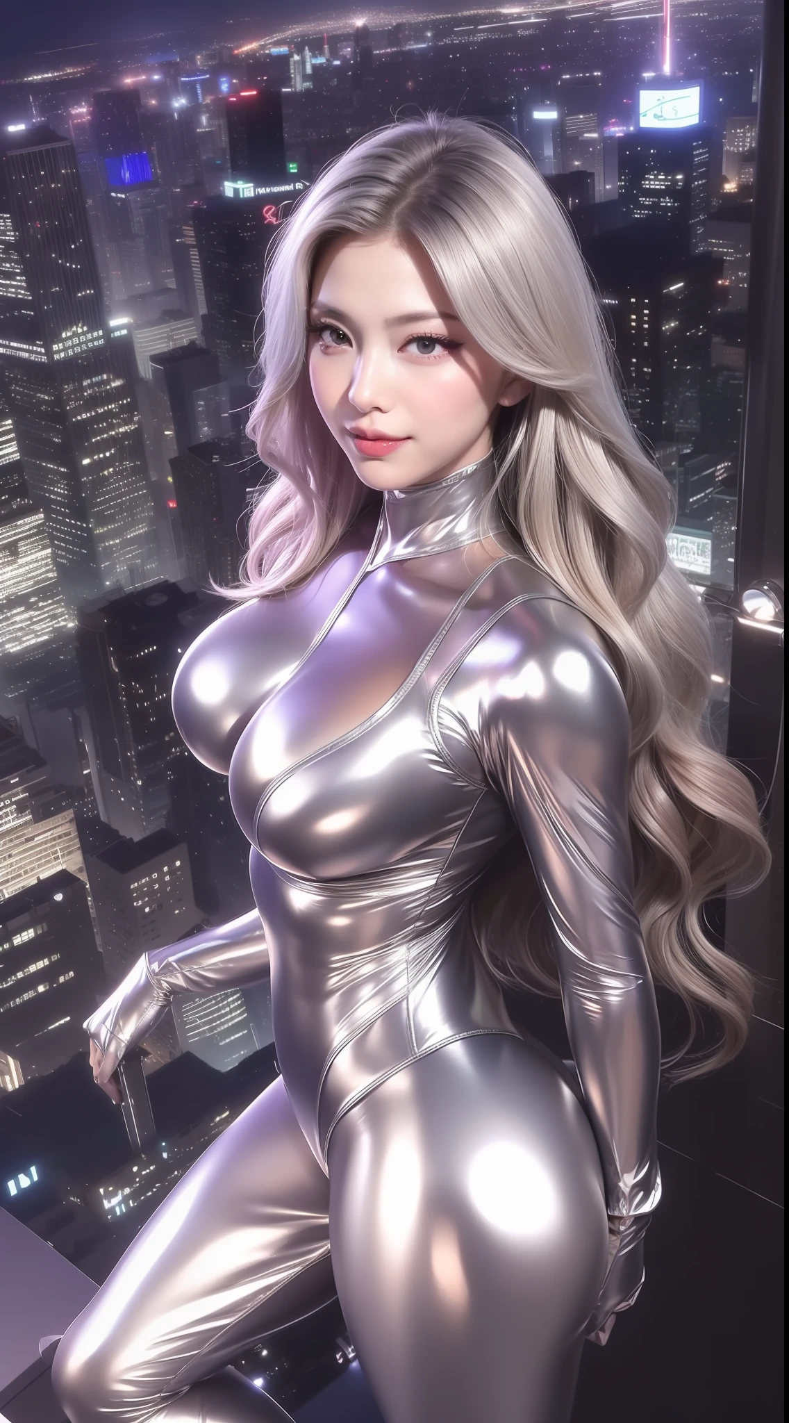 (nmasterpiece、need、Ultra-delicate、high resolucion),(((She has long silver hair,A meticulous face,Nice face,The face of a human woman:1.6))),(((Female giant))),(The body is made of silver,The arms present a streamlined design,Looks tall and thin,The overall shape is streamlined and modern),(standing pose),posing for picture,High angle,nigth,city ruins,detail on the backdrop,(((Whole human body))),From above,独奏,(((solo dance))),(((Huge feeling)))
