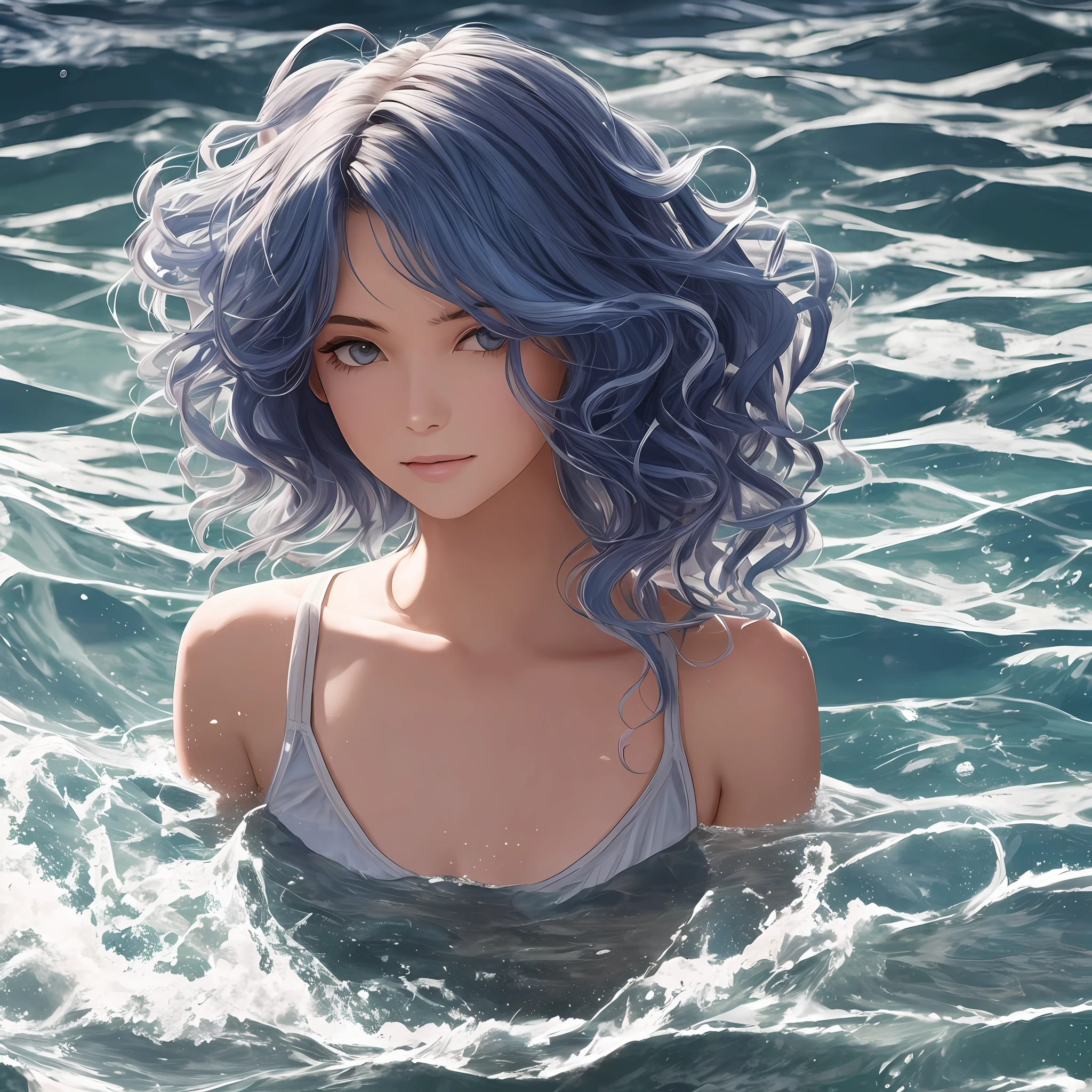 a girl with blue wavy hair, she controls the water, shoulder-length haircut, she has gray eyes, --auto