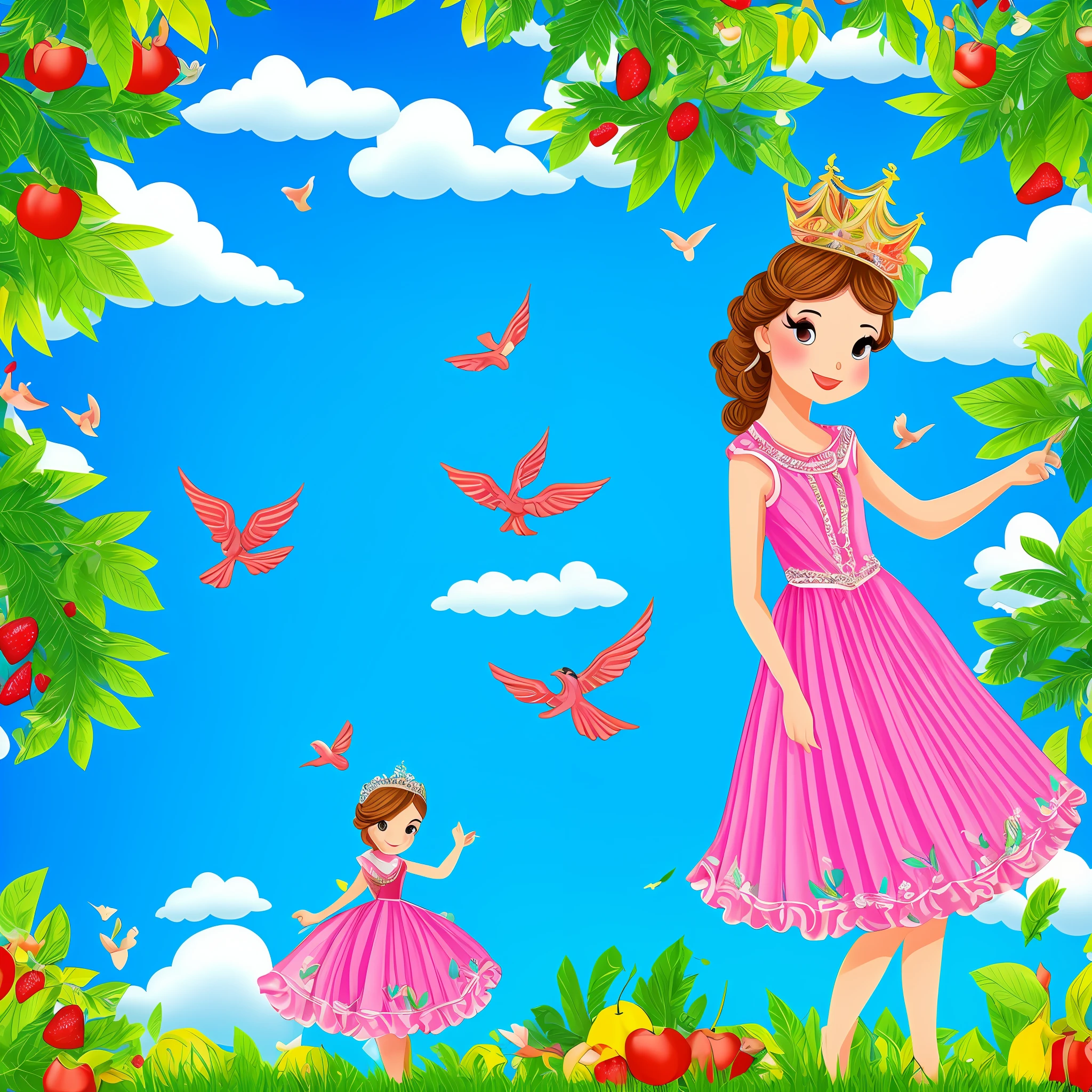 (boa qualidade) Uma princesa de vestido branco longo, In the enchanted world with trees full of fruit and birds flying in the blue sky --auto