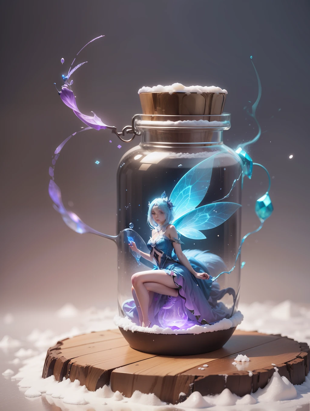 a woman dressed as a fairy in a glass jar, fantasy art, female made of ice, 3d anime girl, listing image, diamond skin, depicted as a 3 d render, floating in perfume, tundra, defence, ability image, snow and blue fire, blue image, female full body, modern arrir anime still image