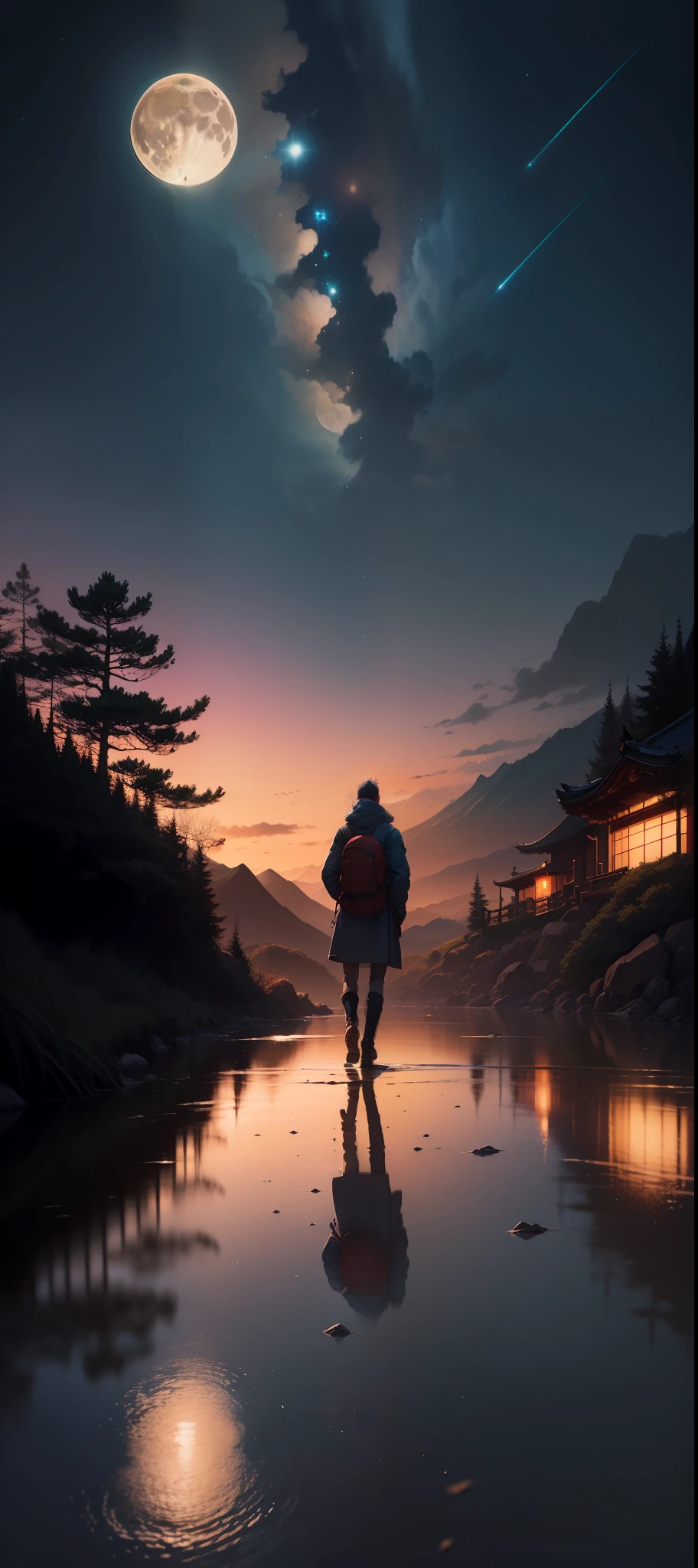 Here is a description of the scene in the style of a Japanese adventure animation:
The screen opens up to a breathtaking landscape, with towering mountains in the background and a night sky dotted with twinkling stars. The environment is wrapped in a magical and serene atmosphere, while a gentle breeze swings the grass and trees.
No centro da tela, A Japanese animation-style character is depicted from the side. It is drawn with sharp strokes and expressive details, usando roupas de aventureiro com toques elegantes. Seu olhar determinado e brilhante transmite uma mistura de coragem e curiosidade.
The character is positioned on a hill, olhando para o horizonte iluminado pela lua cheia e radiante. A lua emite um brilho prateado intenso, banhando a paisagem em uma luz suave e misteriosa. The reflection of the moon is reflected in the character's eyes, trazendo um ar de maravilhamento e desejo de descoberta.
Behind the character, vemos sua mochila, Adventure gear and a sword attached to his waist, suggesting he's embarking on an epic journey. O vento sutilmente sopra seus cabelos, giving movement and dynamism to the scene.
The whole scene is animated with vibrant colors and subtle contrasts, highlighting the beauty of the scenery and the aura of mystery of the moon. A trilha sonora suave, com instrumentos tradicionais japoneses, ecoa no fundo, increasing the sense of impending adventure.
This Japanese animated scene captures the excitement and grandeur of an epic journey, enquanto o personagem principal encara o horizonte iluminado pela lua, Ready to embark on an incredible adventure full of challenges and discoveries.