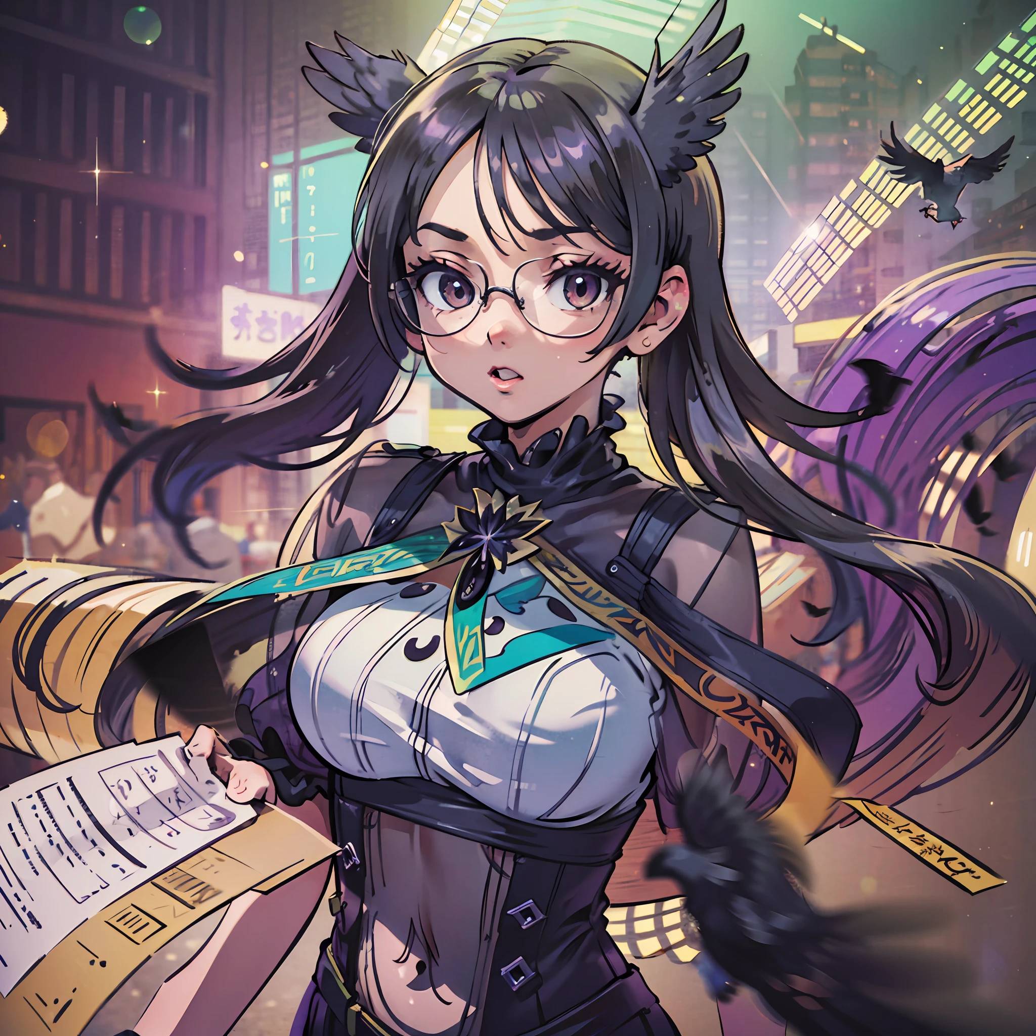 (award winning 8k concept art:1.3) of (young woman looking at the flying crows:1.3), close to camera, sweet, front, epic, (masterpiece:1.4), (best quality:1.4), Amazing, beautiful, finely detailed, (Depth of field:1.4), 8k, fine art, stunning, (light reflections:1), (crisp:1.6), red twin tails, vibrant, (edge detection:1.4), absurdres, impressive, 120mm, clear, lens flare, wide shot, wide angle, colorful