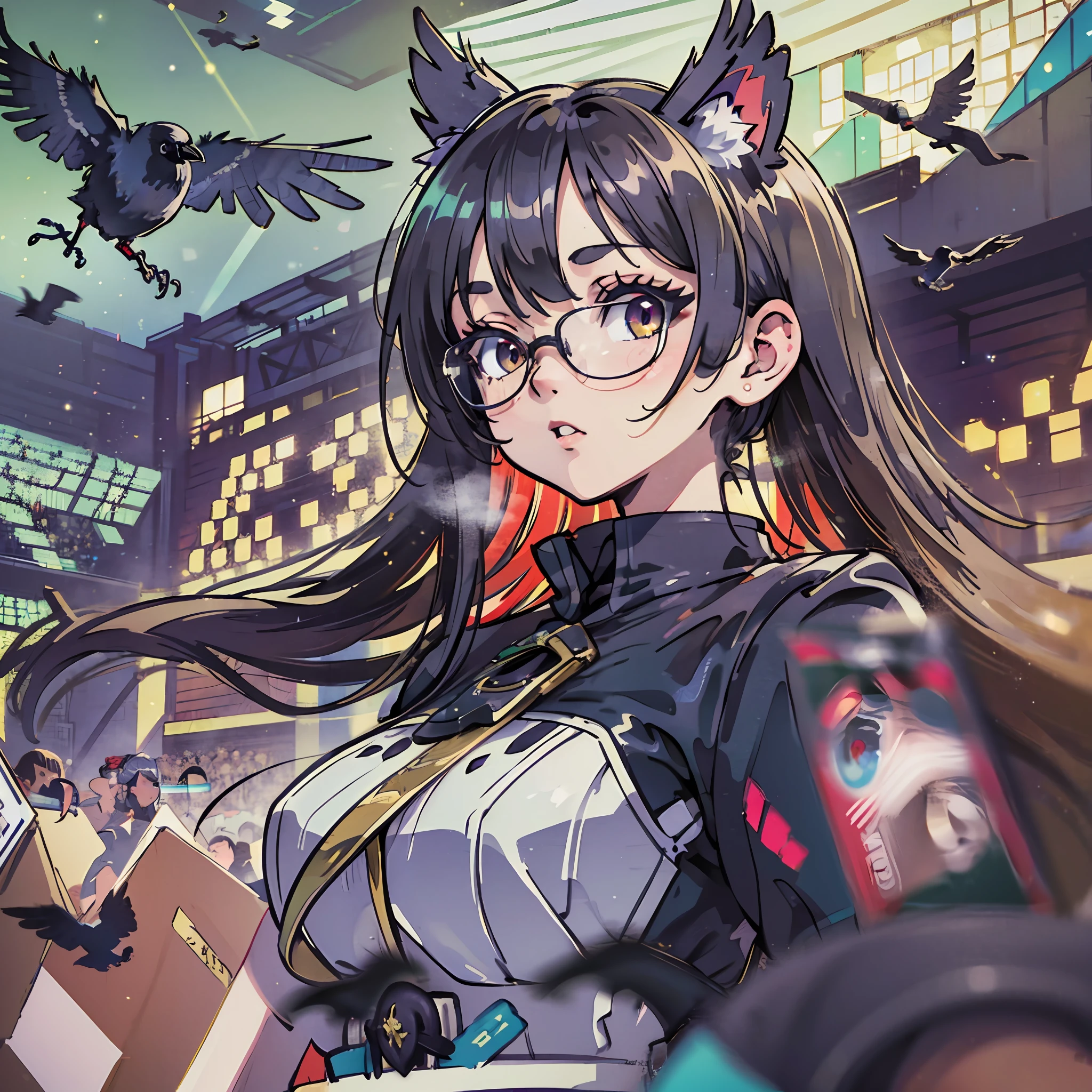 (award winning 8k concept art:1.3) of (young woman looking at the flying crows:1.3), close to camera, sweet, front, epic, (masterpiece:1.4), (best quality:1.4), Amazing, beautiful, finely detailed, (Depth of field:1.4), 8k, fine art, stunning, (light reflections:1), (crisp:1.6), red twin tails, vibrant, (edge detection:1.4), absurdres, impressive, 120mm, clear, lens flare, wide shot, wide angle, colorful