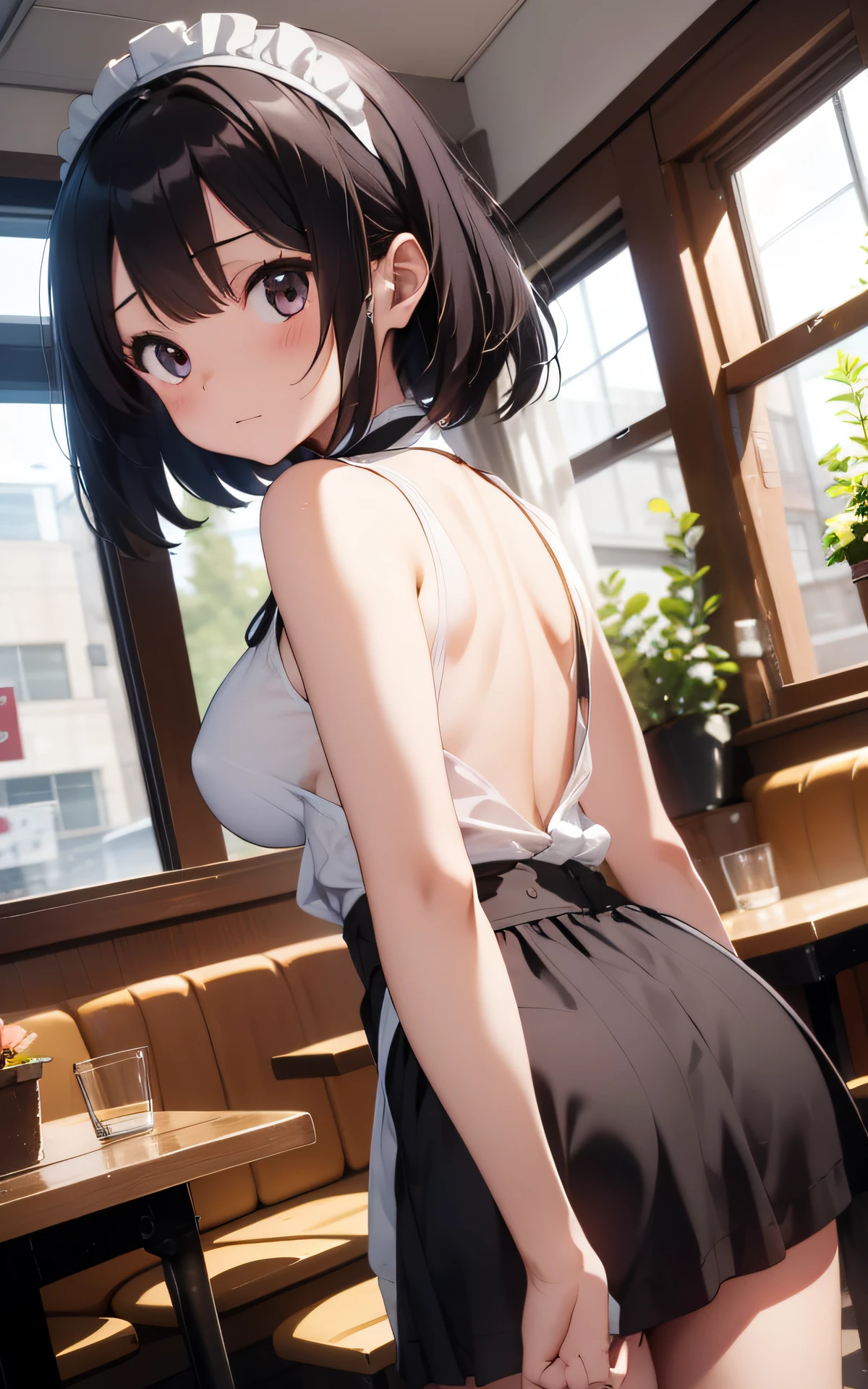 最好质量、1girl in、maid、garterbelts、sora、colorful strands of hair、a cute 、Lustrous skin、24 years old、Shines、High contrast、Tempting、Sensual milf, Serving customers at a café, big tit、White blouse、Black skirt、Sleeveless、Beautiful thighs、White headband、short-cut、A low-angle、backshots