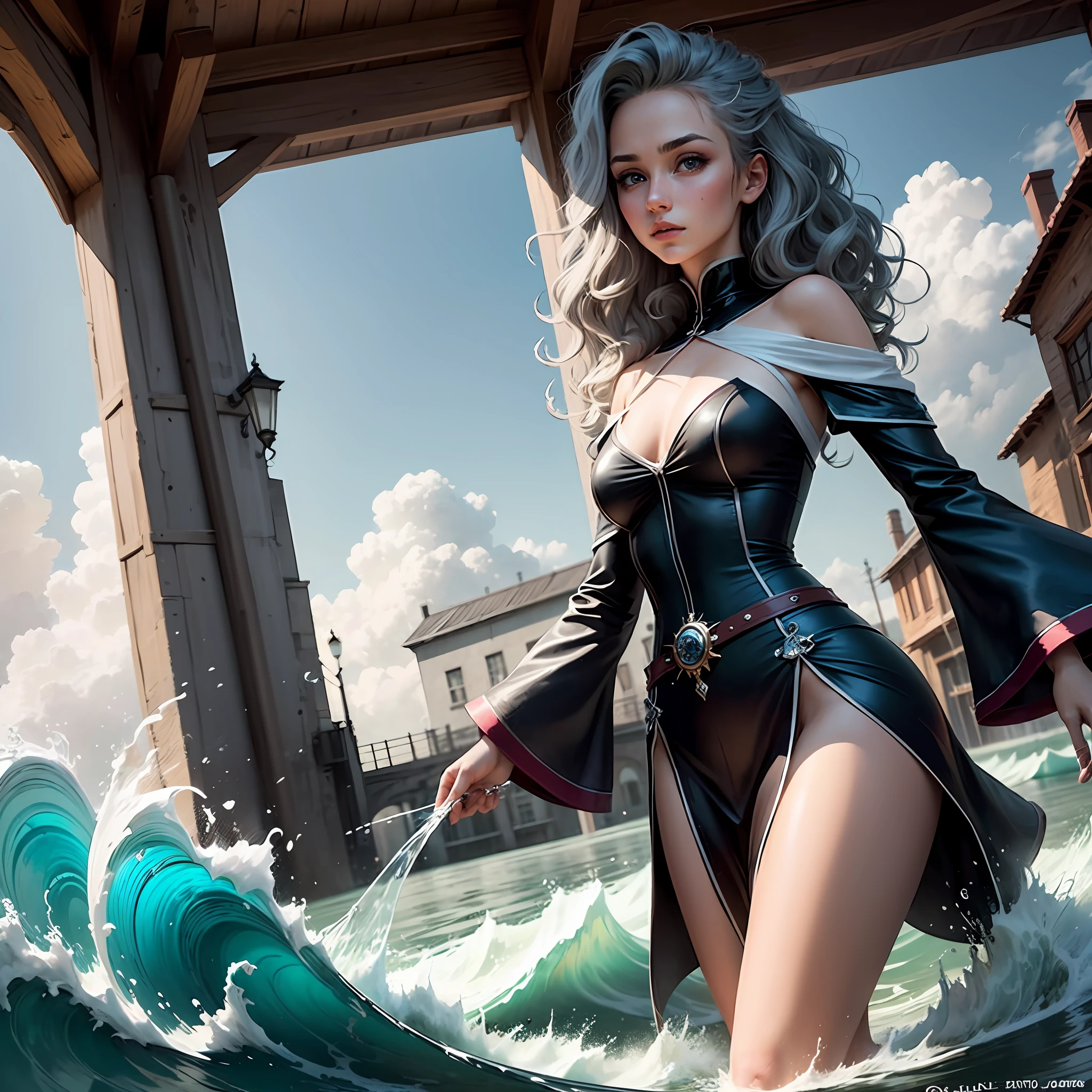 a girl with blue wavy hair, she controls the water like a wizard, magic woter controle, shoulder-length haircut, she has gray eyes --auto