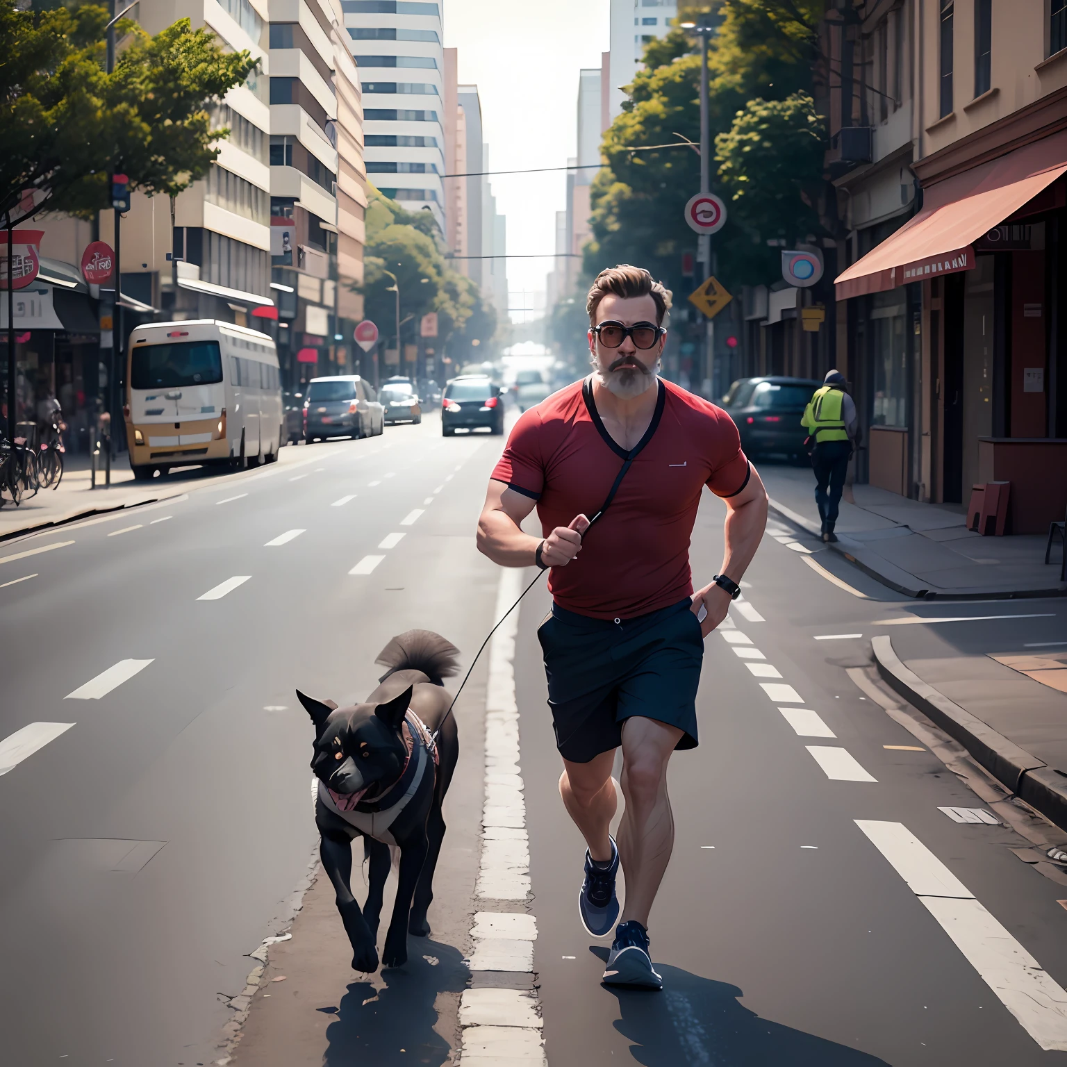 Homem 39 anos usando oculos de grau com barba rala tendo 1,60 de altura correndo com cachorro na cor preta e com coleira vermelha na avenida e ao fundo temos a avenida e alguns comercios --auto