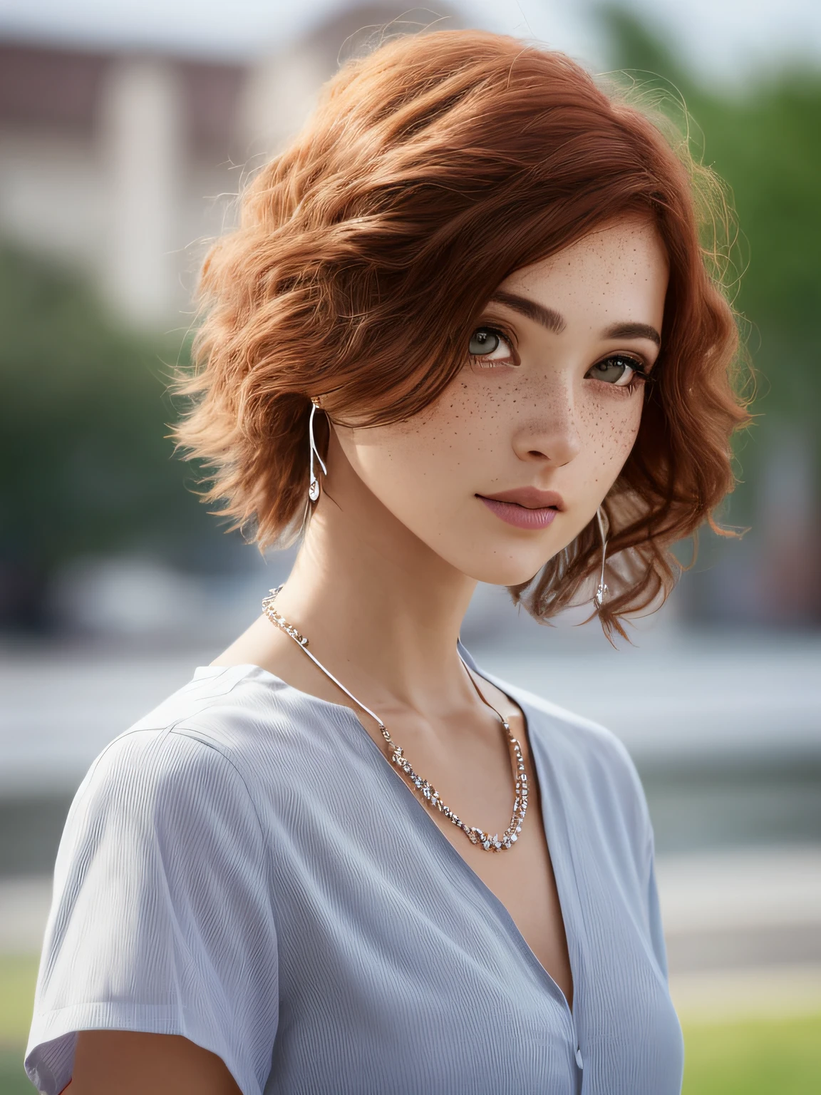(8k, RAW photo, highest quality),(epic realistic:1.5), a girl, dynamic posture,erotic face, blouse,(detailed eyes:0.8),(looking at the camera:1.4), (highest quality), (best shadow),intricate details,cinematic,((skin:1.4)),interior, (long flowing ginger hair:1.3),dark studio,(hdr:1.5),detailed, muted colors, freckles, silver necklace, silver earring, long flowing wavy hair, smooth hair, hair down, hair pulled back