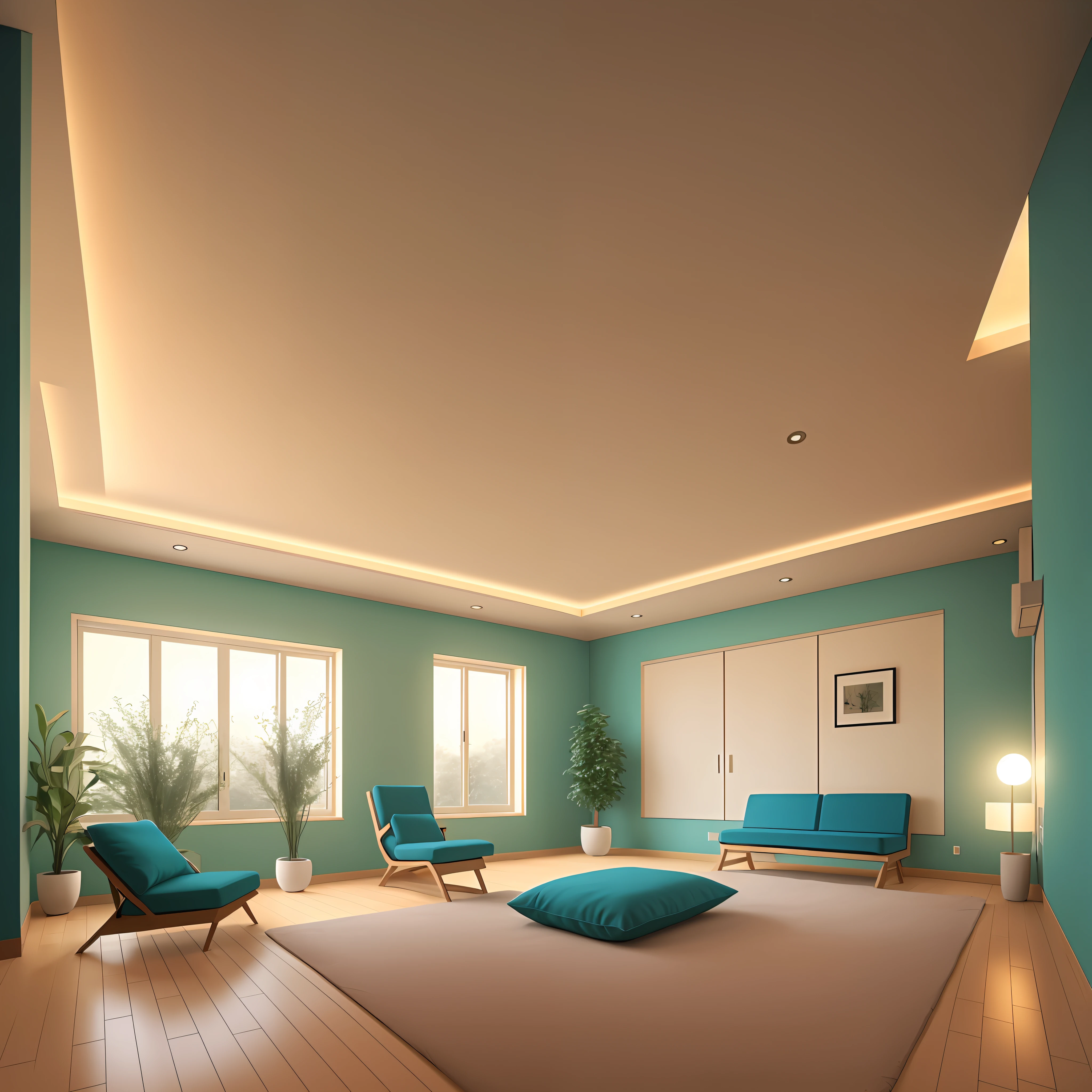 Meditation room - A peaceful and serene room designed for quiet reflection and meditation. The room features soft lighting, a comfortable cushion, and a calming color scheme. The space is free from distractions, allowing for deep relaxation and focus.