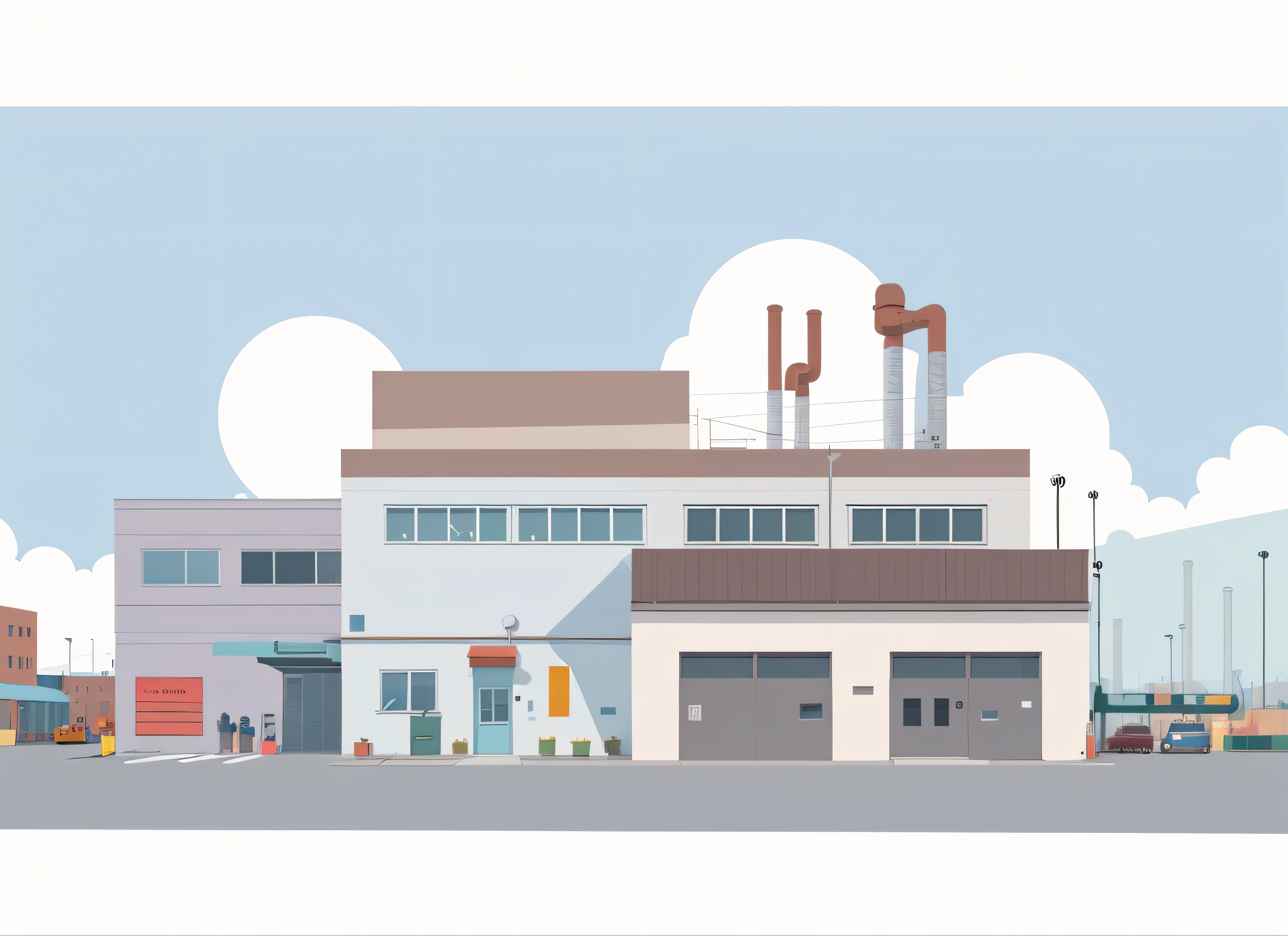 illustration of a factory with a bench and a bench in front of it, Factory background, Factory, detailed factory, industrial factory, residential area, clean lineart and flat color, house、Shops and buildings, Flat illustration, anime style cityscape, Simple cartoon style, flat color and line, Simple and clean illustration, industrial buildings, tall factory, industrial surrounding
