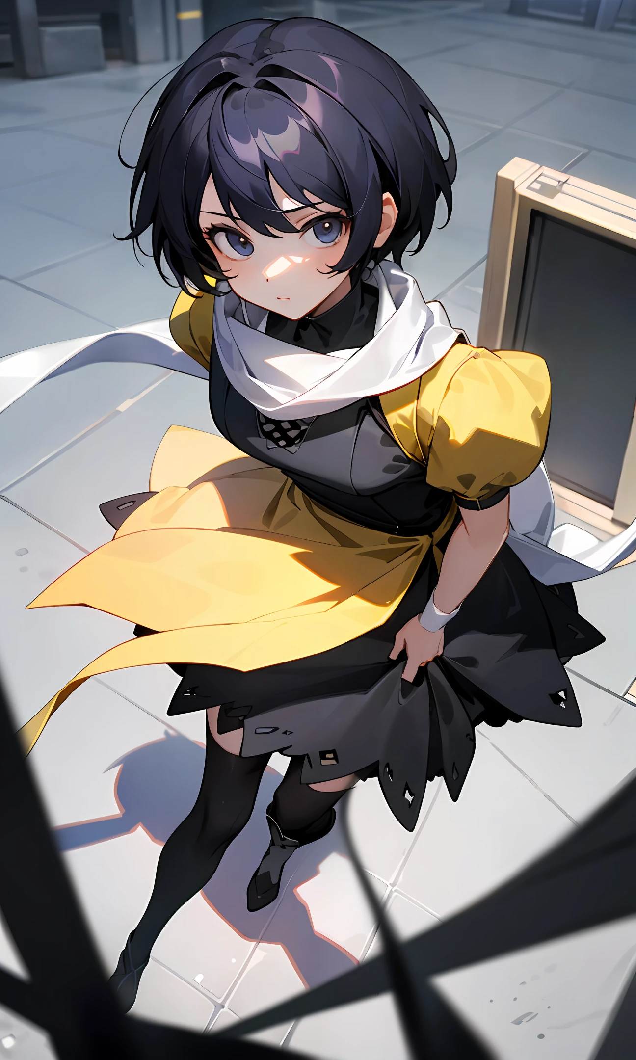 (masterpiece, best quality;1.3), extremely detailed , unity 8k wallpaper, perfect lighting, perfect shading,, 1girl, looking at viewer, pov, dorothy android, black detailed dress, from above,White scarf, black stockingS
