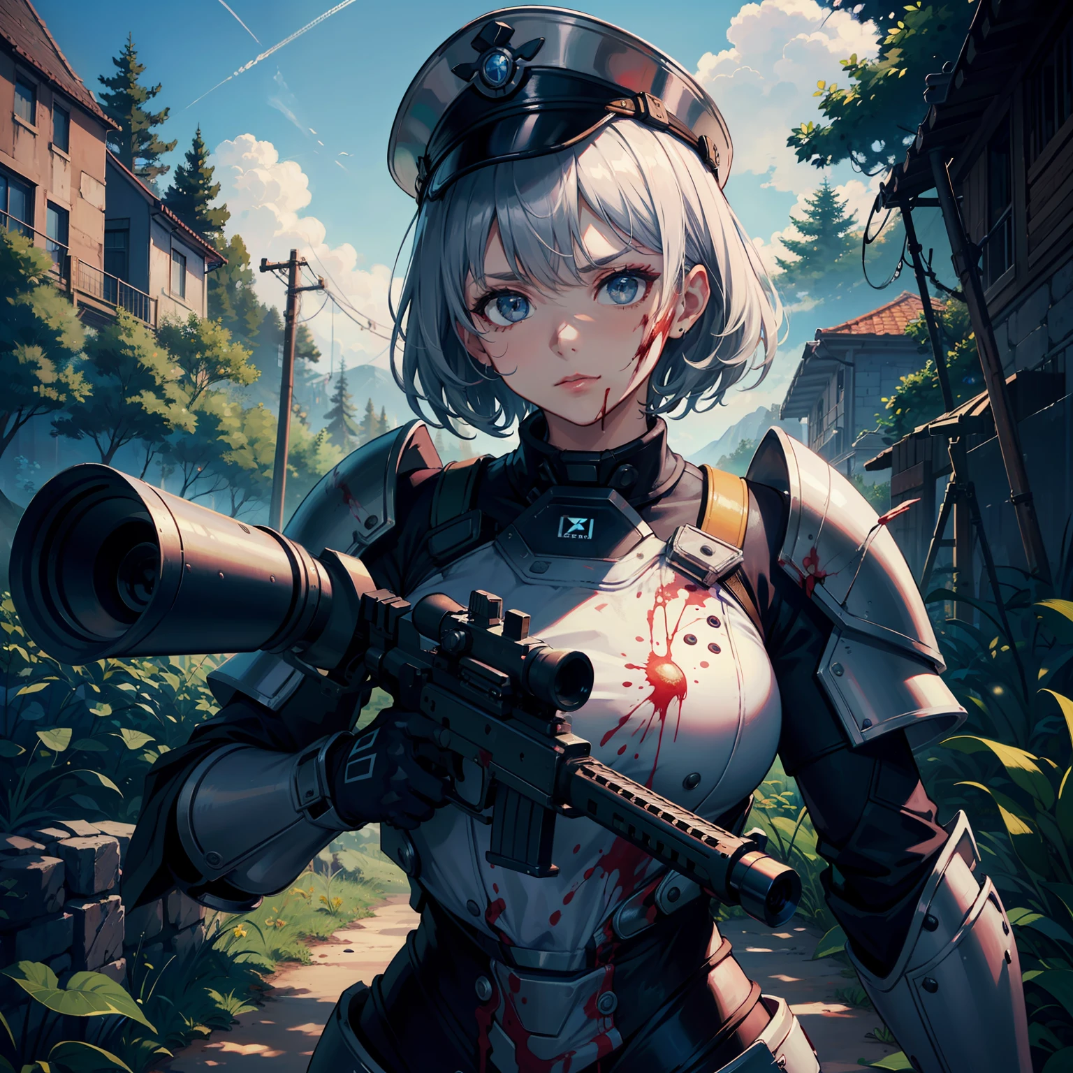 {{masterpiece}},illustration,detailed CG unity 8k wallpaper,best quality,high quality,absurdres,HDR,UHD,Military,
1girl,((Wearing power armor)),Sniper Rifle(weapon),((aiming)),shooting,big breasts,grey gradient hair,short hair,Blood on face,Blood on clothes,
Silver Headwear,curvy,serious,beautiful detailed eyes,detailed beautiful sky,forest,