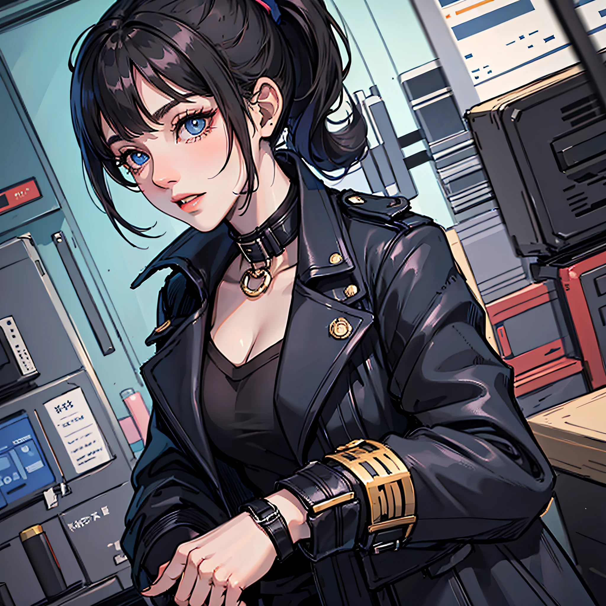A woman with a black ponytail,Wear a black trench coat,Blue eyes,Lab Room,the night