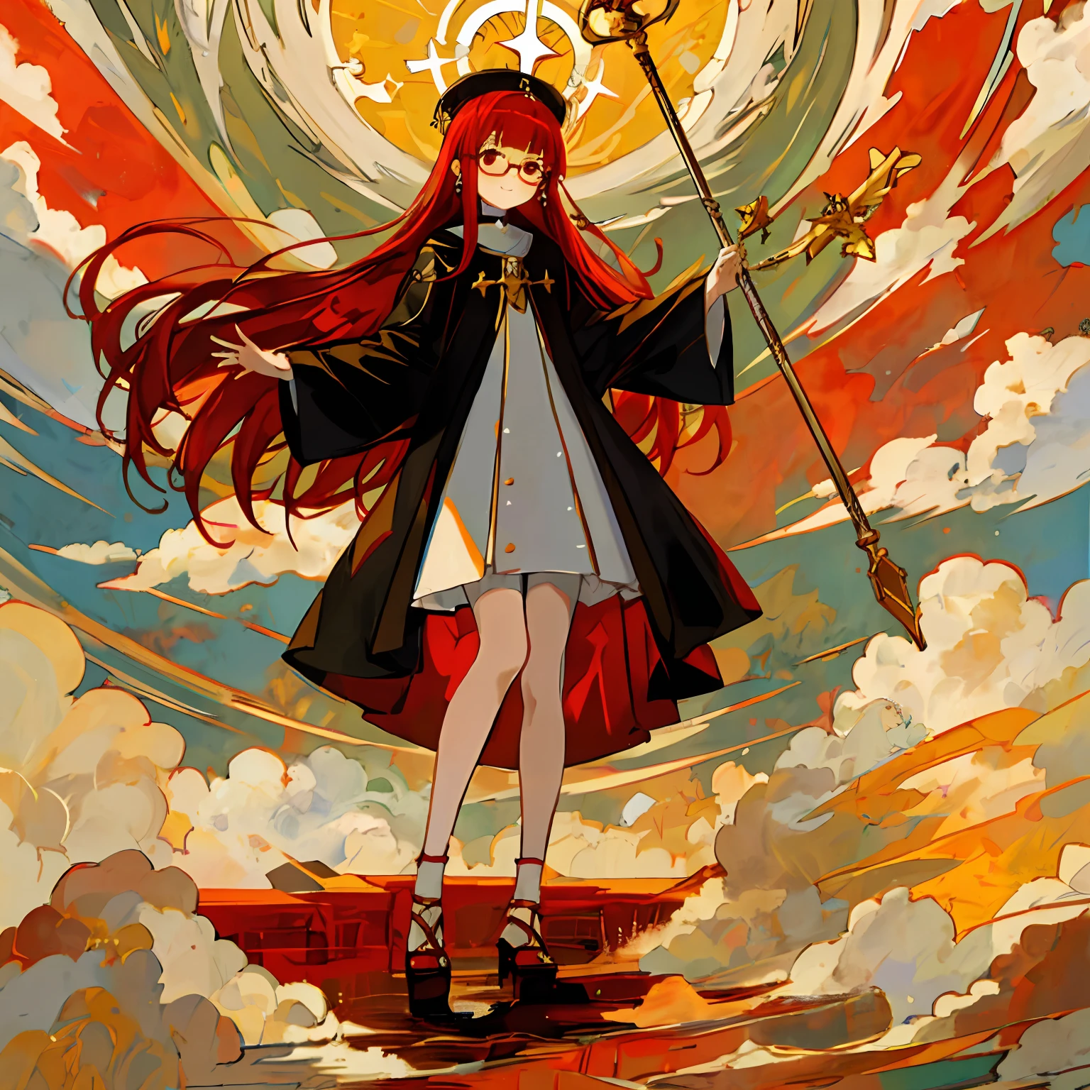 masterpiece,best quality,high quality,exquisite,beautiful,red hair,glasses,hime cut,red eye,girl,cute,blunt bangs,20 years old,Chasuble robe,cross earrings,full body shot,petite,straight hai,Half-smile,slender,
country above the clouds,angel halo,cane
