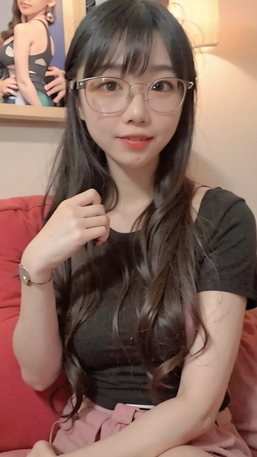 There was a woman with glasses sitting on a sofa, chiho, With glasses, eye glass, wears glasses, very very low quality, Yoshitomo Nara, low quality photo, Without glasses, dang my linh, low quality, Girl with glasses, very low quality, inspirado por Kim Jeong-hui