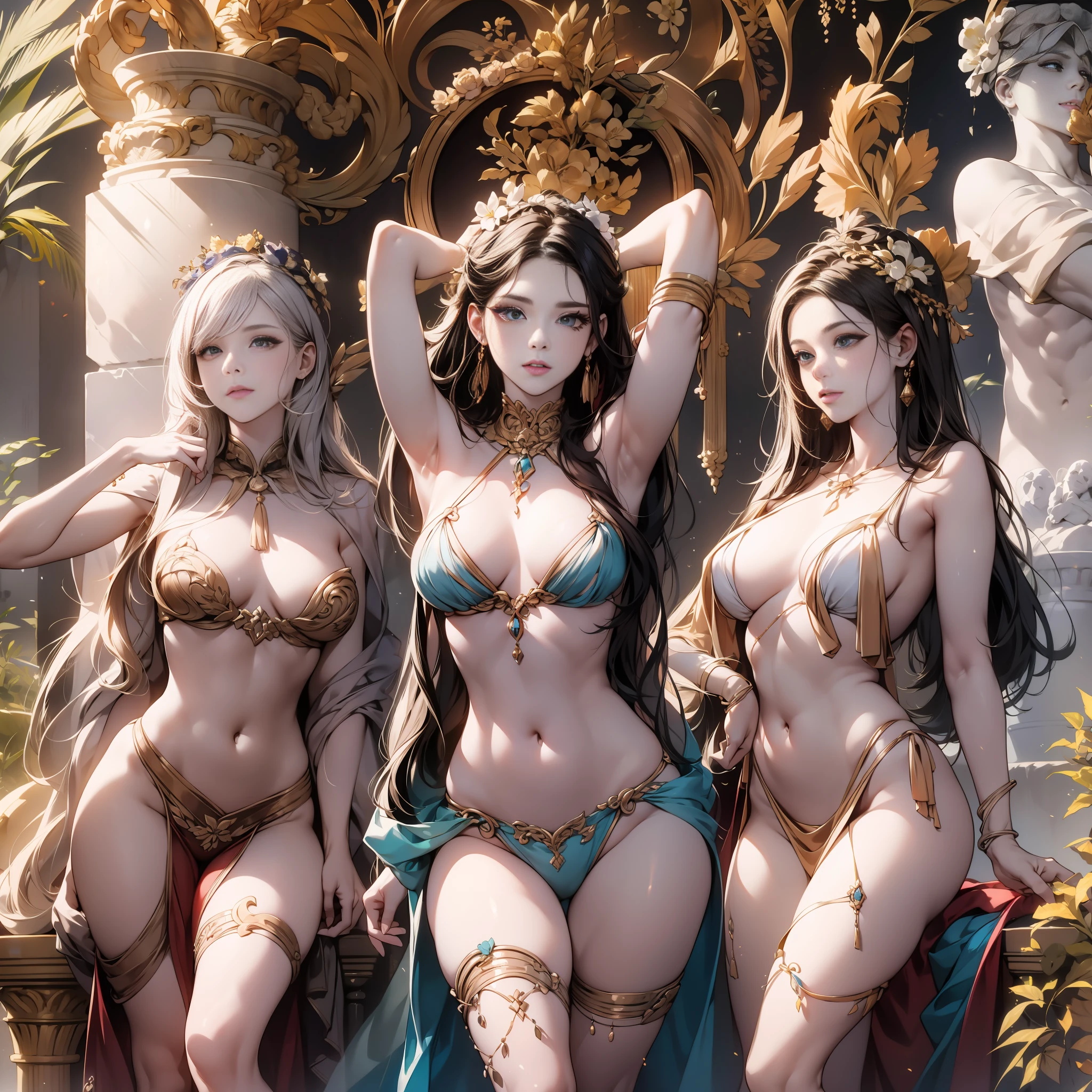 Marble statue of three belly dancers (feminino), cabelo dourado, cabelo longo, cabelo preto, membros longos bem proporcionados, (nu: 1.4), ((sem calcinha)) nature background, holofotes, alto contraste, obra-prima, melhor qualidade, melhor qualidade, cinematiclighting, fotorrealista