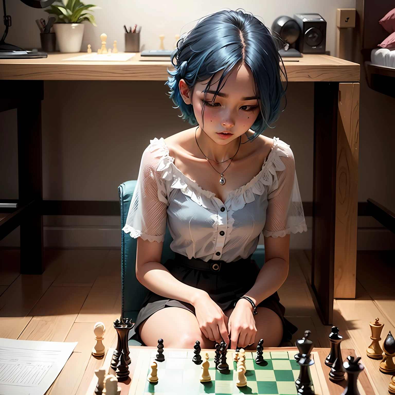 egirl blue hair playing chess game --auto