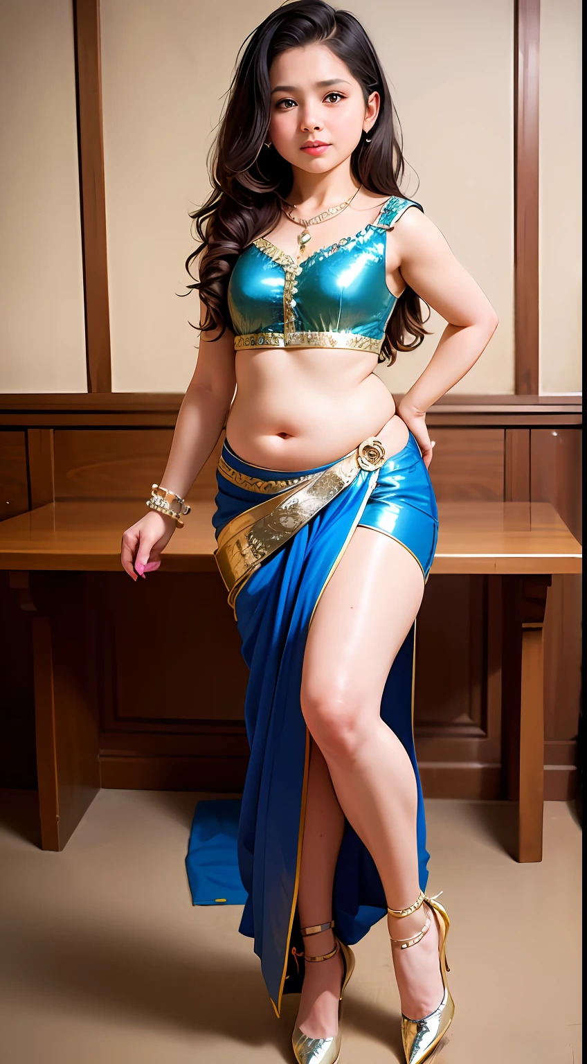 (10 years old child), (european girl) perfect face, (chubby:1.3) child in saree perfect full HDR body exposed midriff bellydancer 8k high res knees ankles ,cleavage (shiny skin:1.5) depth of field (full body shot) (high heels)