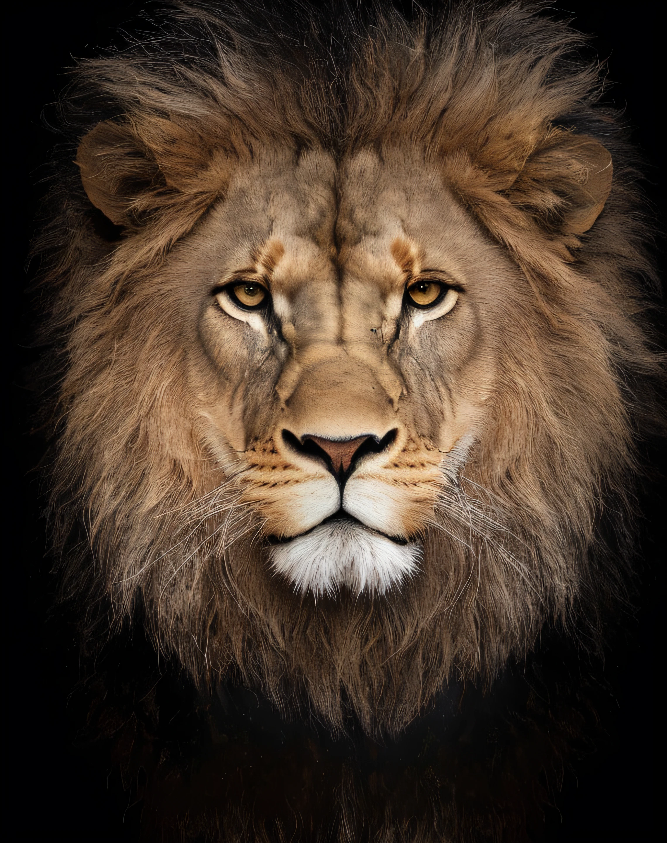 a close up of a lion's face with a black background, with the mane of a lion, face of an lion, the mane of a lion, Rei da selva, portrait of a lion, half lion, fierce expression 4k, lion head, Aslam, the Lion, olhar orgulhoso, lion mane, Retrato de um Rei, head of a lion