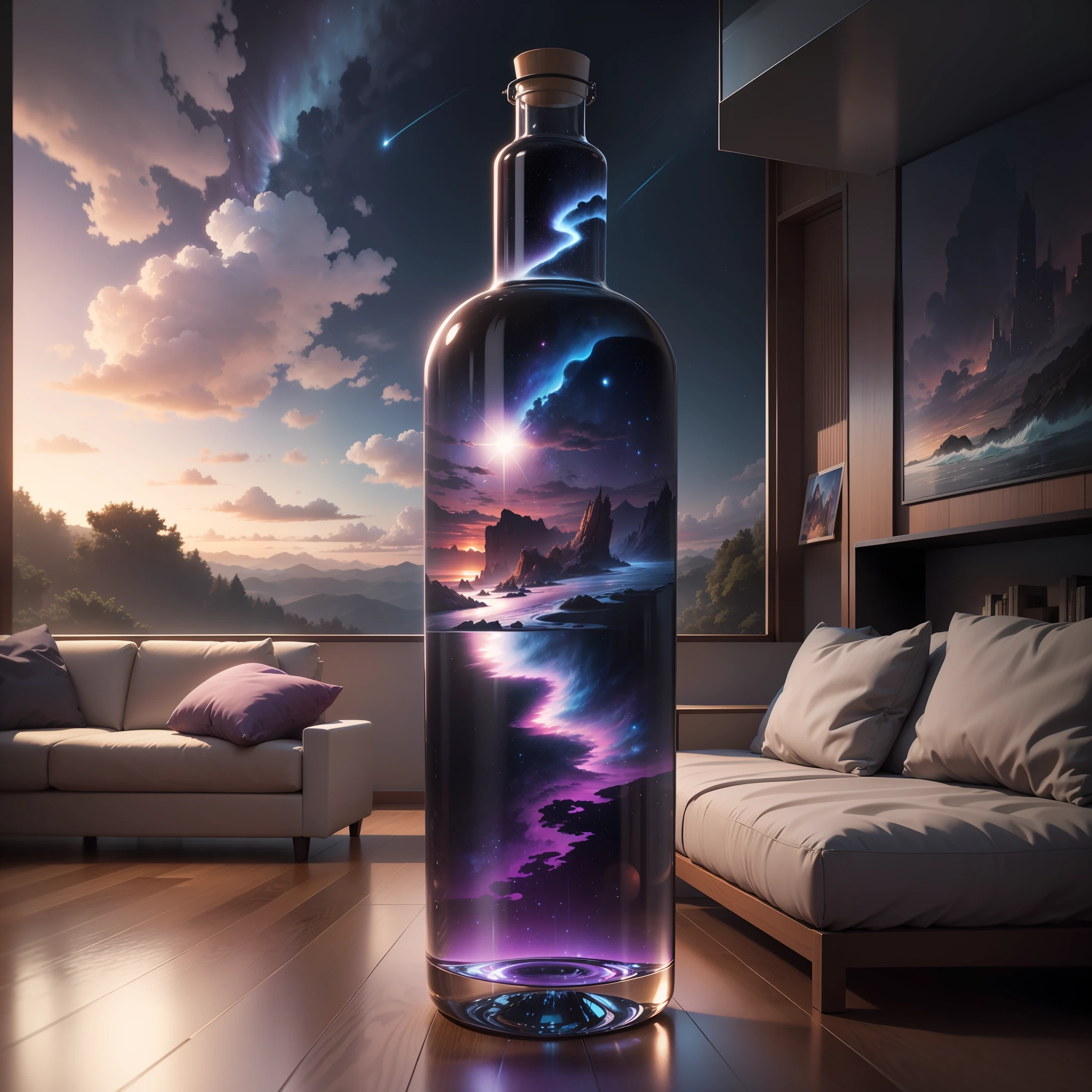 Create a majetic river Which is contained in a giant bottle Posed in a modern living room in very high quality and Very detailed scene Octane render Starry Sky Dreams Giant purple sun Vaut of heaven Nice colorful clouds