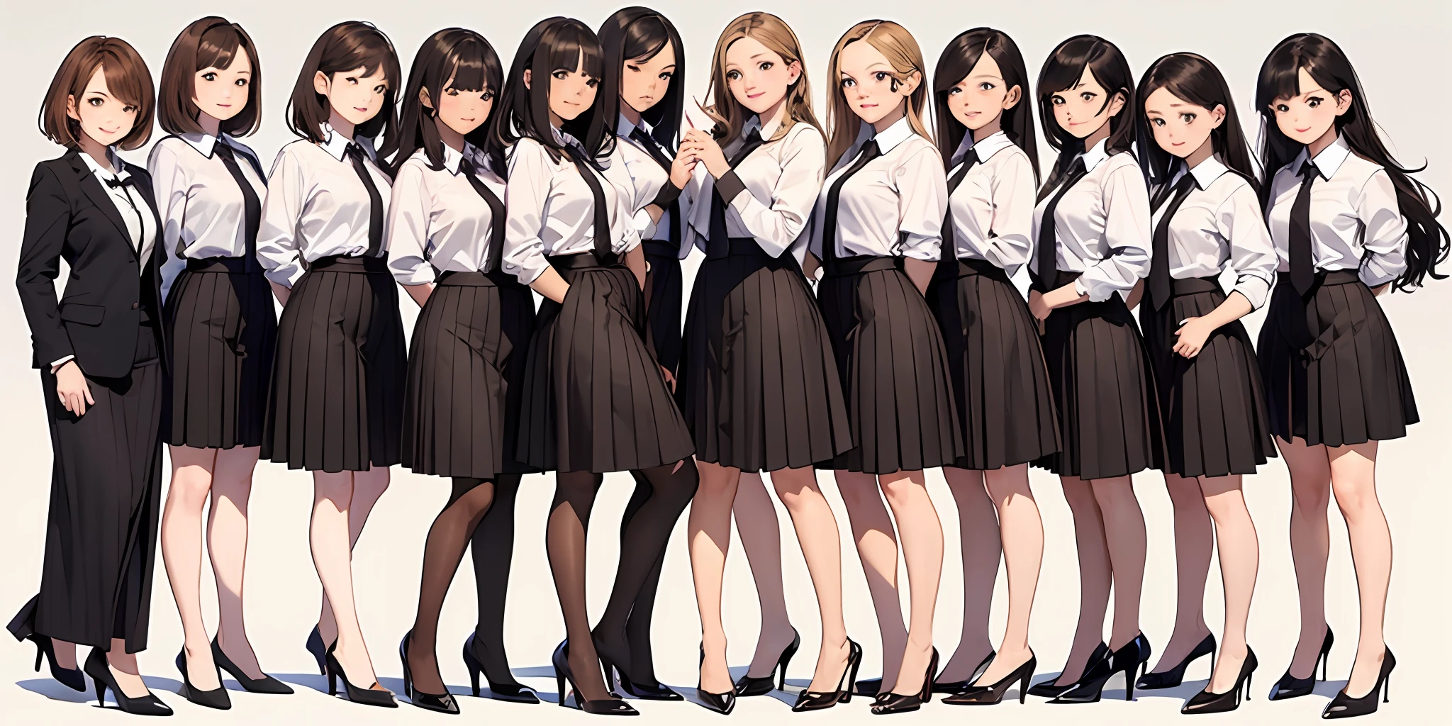 perfect anime illustration, multiple girls, thousands of girls, millions of girls, clones, identical sisters, neat rows of sisters, neat columns of sisters, sisters standing in formation, sisters in background, brown hair, curly hair, matching hairstyle, hazel eyes, smiling, ((matching outfits, office lady, employee uniform, skirt, high heels)), matching hairstyles, white background, highres, full body, pose
