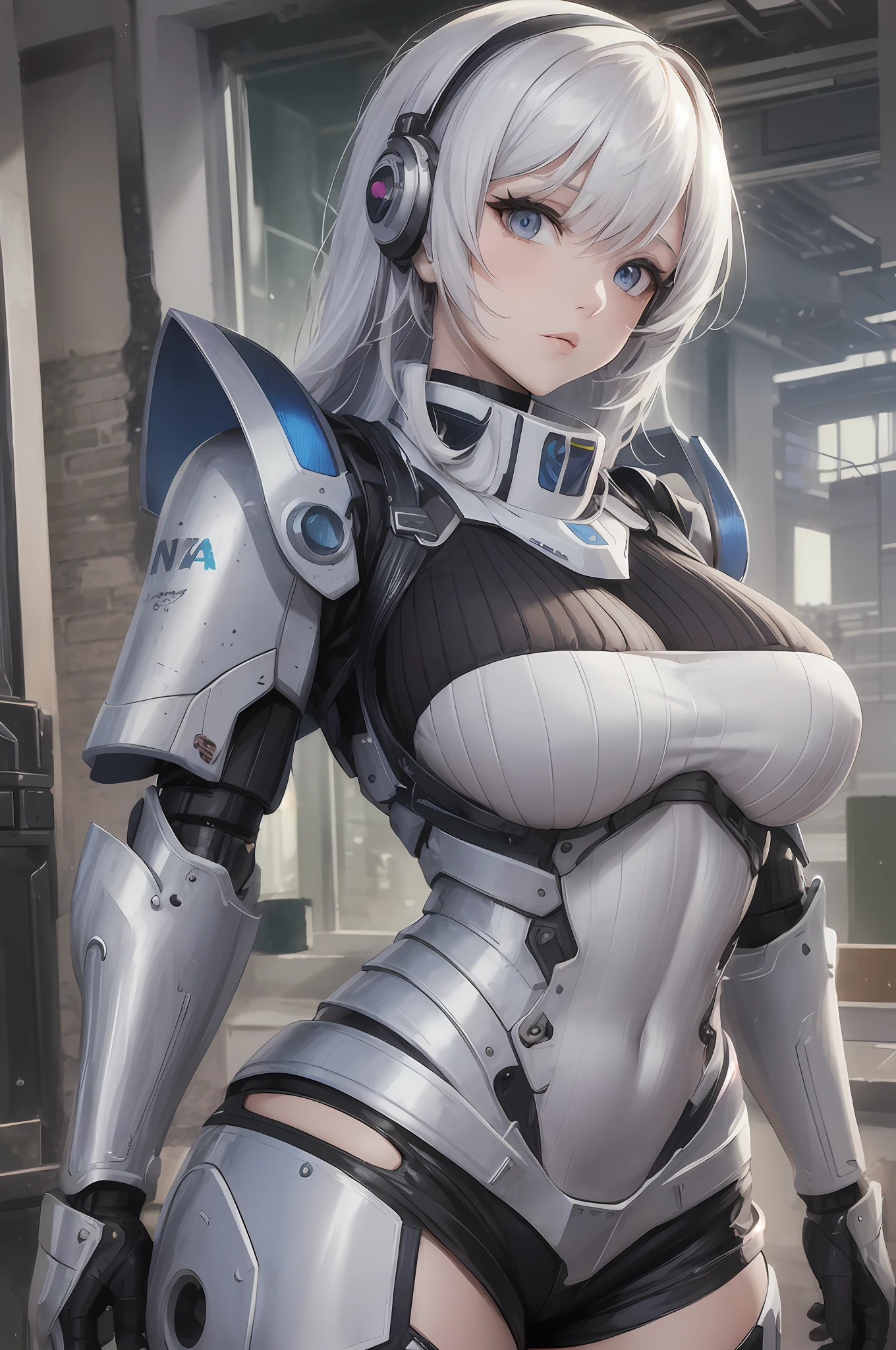 big tits,(masterpiece), Best Quality, A highly detailed, (watercolor), bloom, delicate and beautiful, illustration, (from below),(1girl:1.4), (Solo:1.2), big breasts, (ribbed sweater:1.3), off-shoulder sweater, (short shorts:1.2), bare shoulders, (underboob:1.2), ((dark skin:0.8)), pretty eyes, (disheveled hair ), photography, Over-the-shoulder shot, by Alex Maleev, professional, Canon Camera, Nikon Camera, sharp, bokeh, Studio Quality, Fisheye Lens, by Robert Capa ,araffe with a huge body and a huge body in a cosplay, girl in mecha cyber armor, ferra white mecha, female mecha, mechanized valkyrie girl, beutiful white girl cyborg, armor girl, clothed in sci-fi military armor, scifi woman, in white futuristic armor, gorgeous female paladin, mechanized soldier girl --auto --s2
