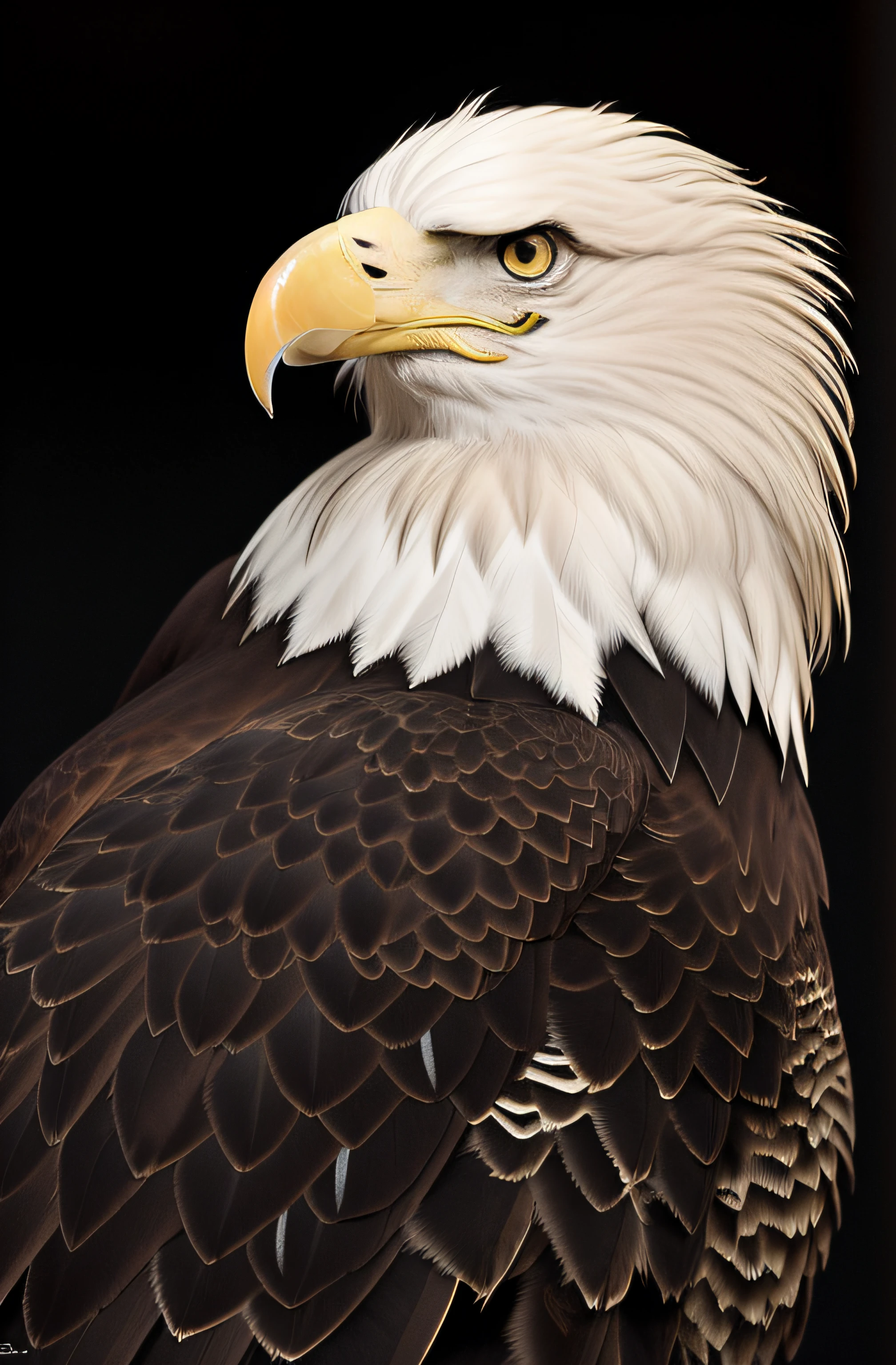 araffe eagle with a yellow beak and white head and black background, bald eagle, an eagle, olhar orgulhoso, with the beak of an eagle, eagle beak, foto de retrato em close-up, beak of an eagle, olhar orgulhoso, foto de retrato, retrato frontal, olhar orgulhoso, retrato closeup, head of an eagle, Regal Pose, Eagle Head, pose majestosa, aquila