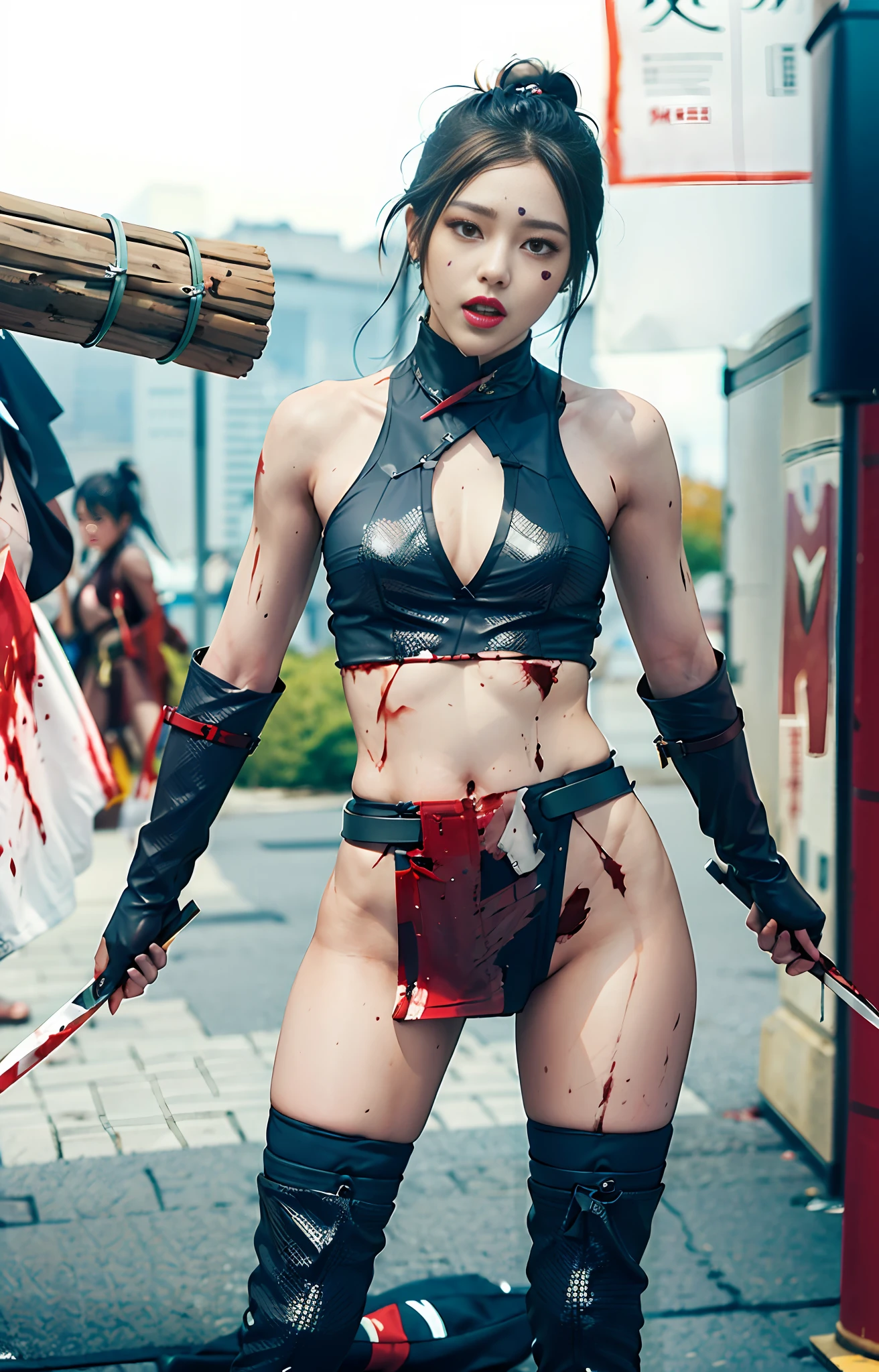 offcial art,extremely detailed CG Unity 8k wallpapers,optimal quality,masterpaintings,high resolucion,Pretty girl ninja,short-cut hair,Black cut top leather armor,Brown belt,Scabbards on thighs,Japanese knife,Leather gloves,Black mini leather skirt,Black over-the-knee flat boots,Tight Leather,whole body photos,Melon face,Small face,Fall to the ground,The skirt leaks, spread legswide,No Panty,bloods,Bloody scars on the stomach,eyes rolling,Blood at the corners of the mouth,Stick out your tongue,wounded in fight,killed in fight,