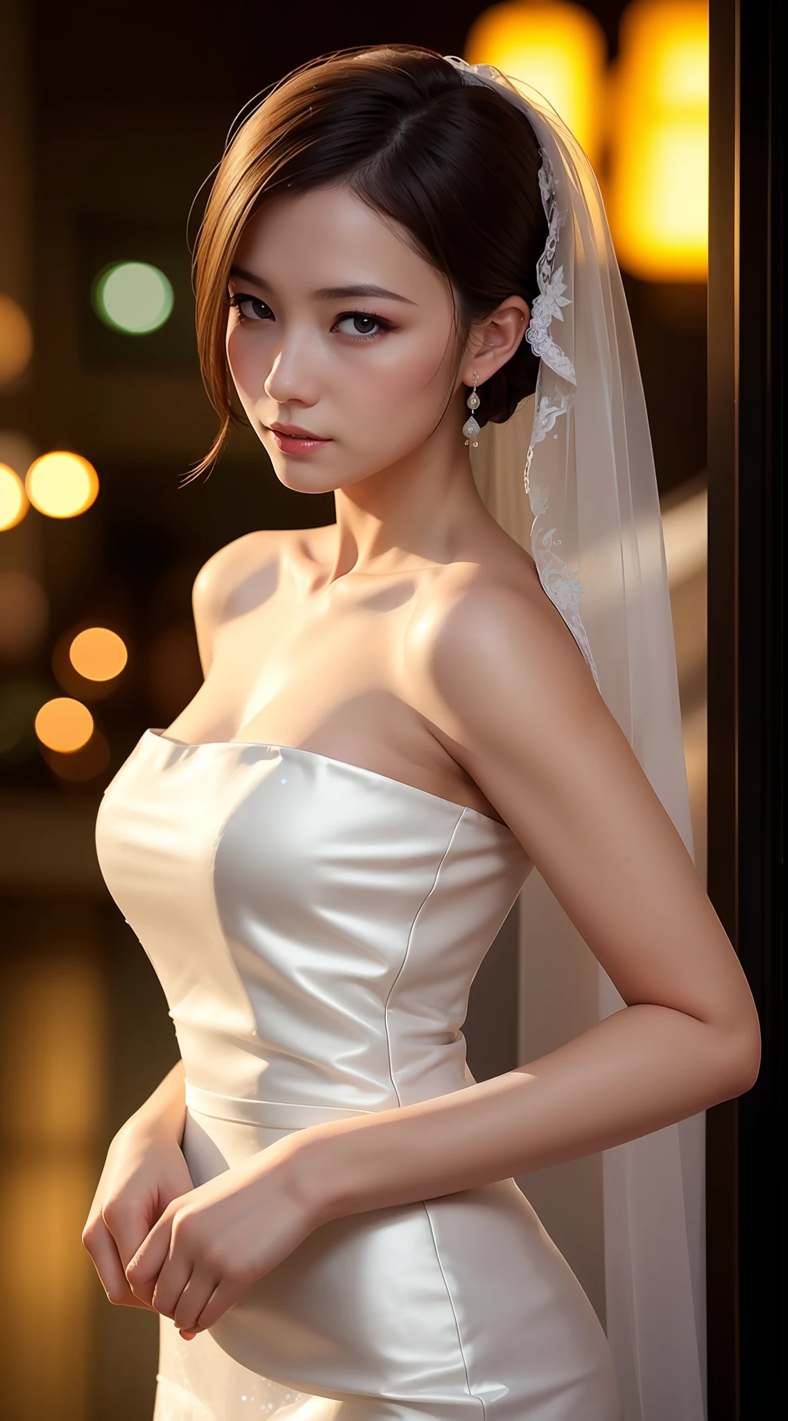 (8k, RAW photo, best quality, masterpiece:1.2), (realistic, photo-realistic:1.37), 1girl, cityscape, night, rain, rainy,wet, sweaty, professional lighting, photon mapping, radiosity, Chinese Doll, torn, chemise, large breasts, nurse, wedding dress,