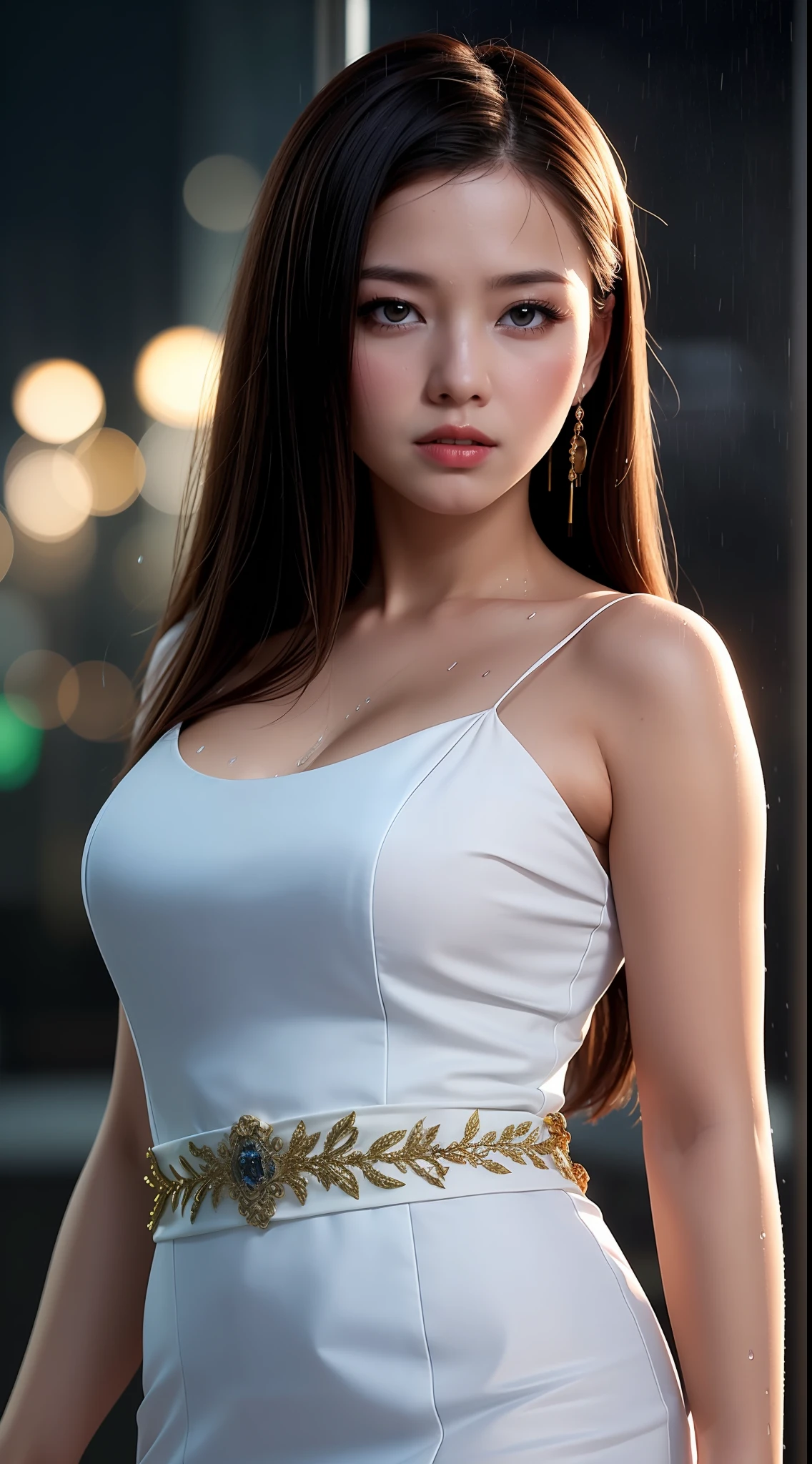 (8k, RAW photo, best quality, masterpiece:1.2), (realistic, photo-realistic:1.37), 1girl, cityscape, night, rain, rainy,wet, sweaty, professional lighting, photon mapping, radiosity, Chinese Doll, torn, chemise, large breasts, nurse, wedding dress,