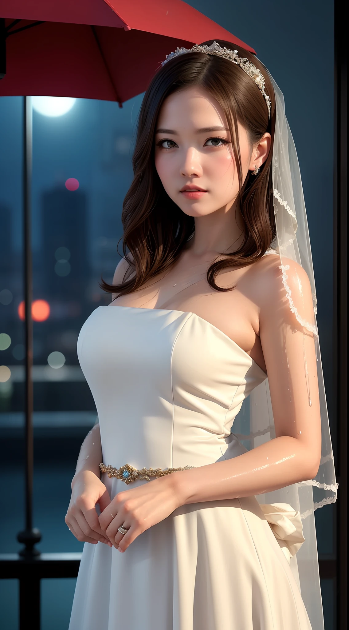 (8k, RAW photo, best quality, masterpiece:1.2), (realistic, photo-realistic:1.37), 1girl, cityscape, night, rain, rainy,wet, sweaty, professional lighting, photon mapping, radiosity, Chinese Doll, torn, chemise, large breasts, nurse, wedding dress,