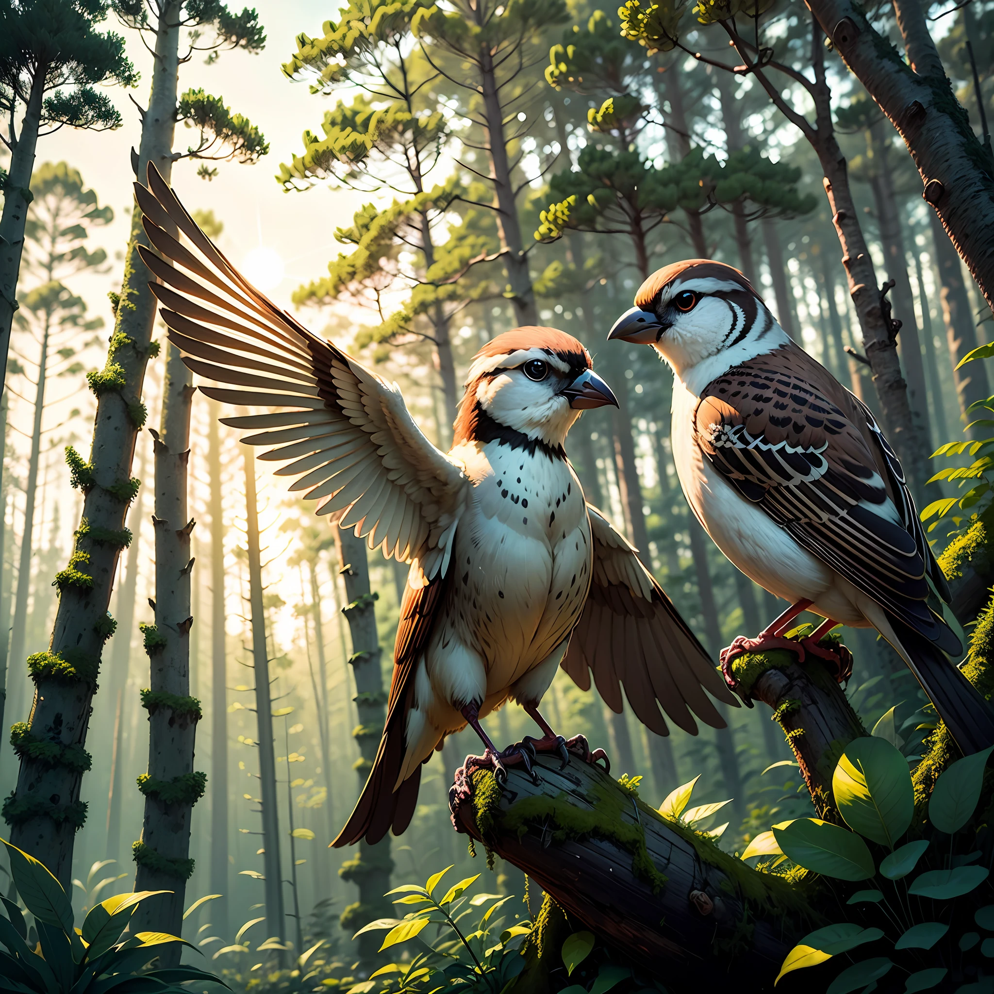 The illustration depicts a vibrant forest setting, with tall, lush trees stretching towards the sky. The sun shines brightly, casting a warm glow over the scene. In the foreground, perched on a sturdy branch, is the kindhearted sparrow, Sammy, with his small wings outstretched. Sammy is portrayed as a charming and friendly character, with bright and cheerful colors reflecting his gentle nature. --auto