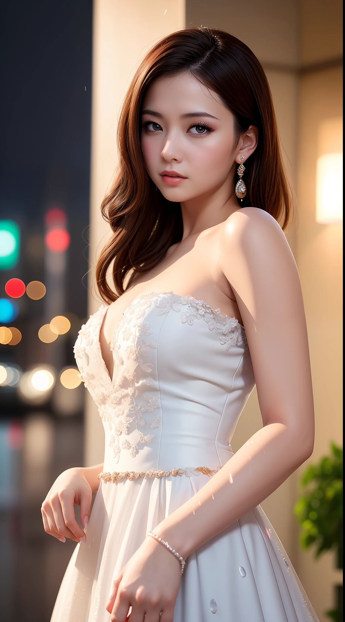 (8k, RAW photo, best quality, masterpiece:1.2), (realistic, photo-realistic:1.37), 1girl, cityscape, night, rain, rainy,wet, sweaty, professional lighting, photon mapping, radiosity, Chinese Doll, torn, chemise, large breasts, nurse, wedding dress,