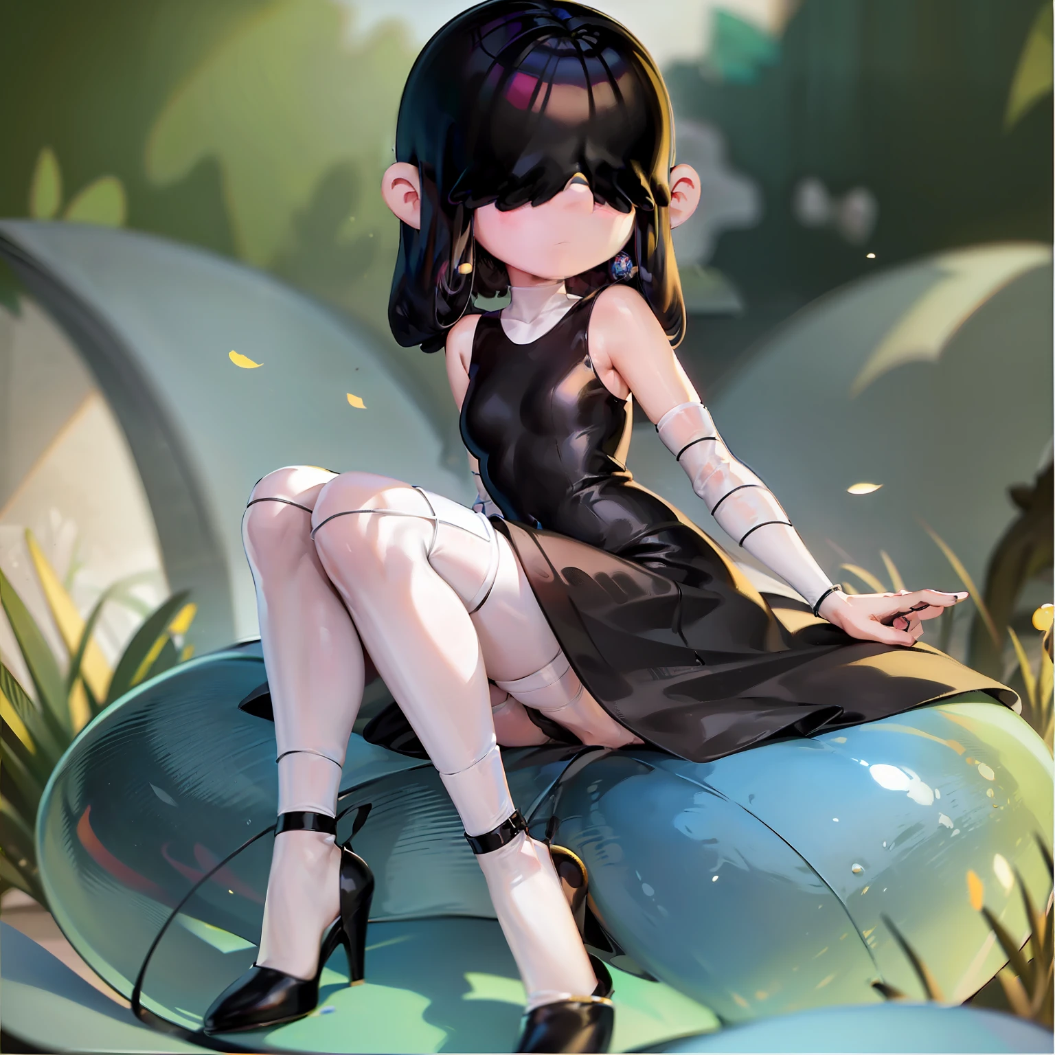 lucy loud, hair over eyes, black dress, striped_pantyhose, chibi, no_eyes, white dress with black details, manguitos blancos femeninos