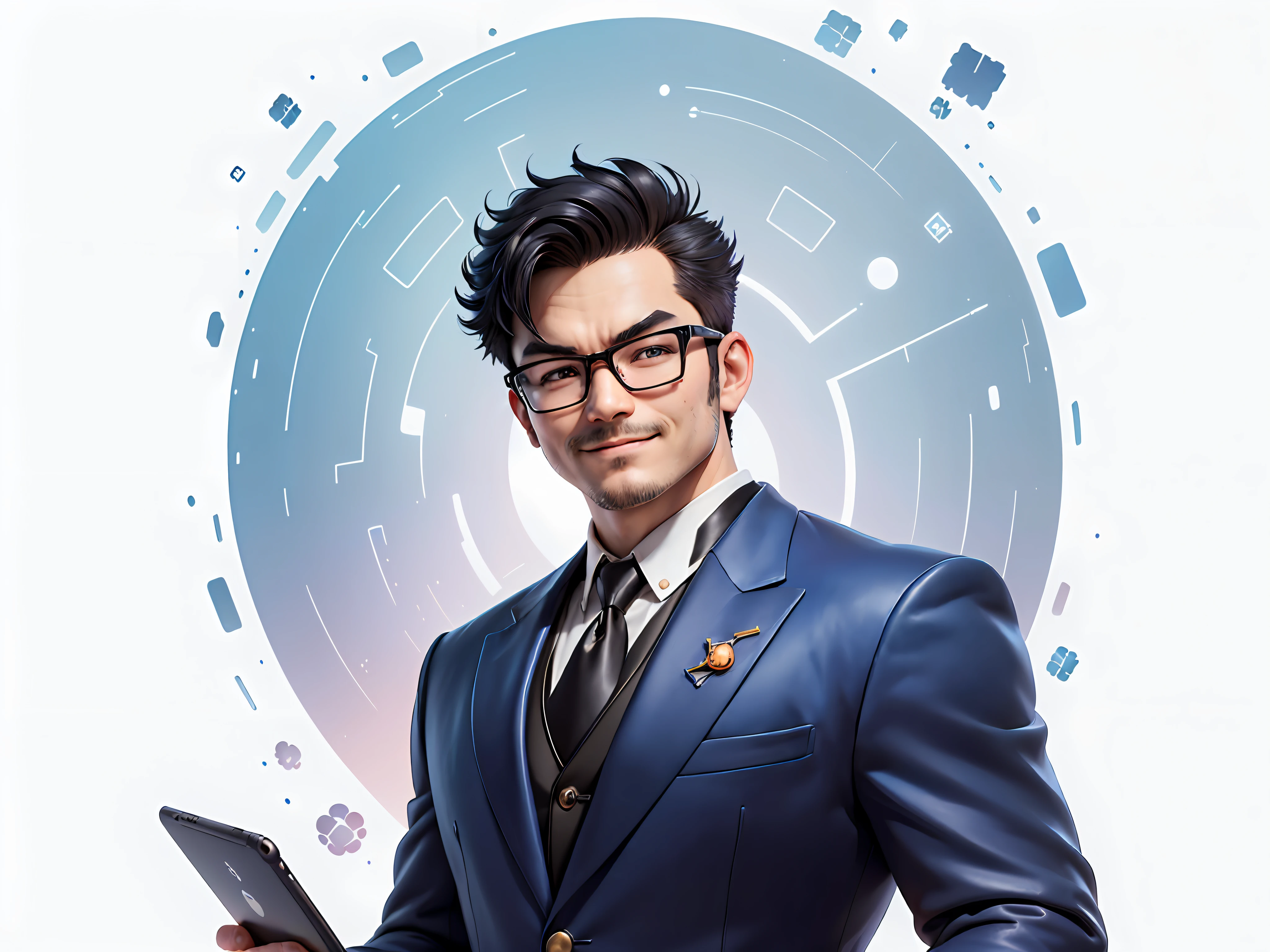 (((Masterpiece), (Excellent), (Super Meticulous), (Full Body: 1.2), Super Young Man, Oriental Face, Japanese Wind and Thunder God, Dragon, Tiger, TV Anchor, Bust Portrait Illustration, Alone, Black Formal Suit, Blue Tie, Slightly Chubby Face, Silver Glasses Face Very Clean No Beard, Black Super Short Hair, Black Eyes, Confident Smile, 3c Computer Sub-Products, iPad, iPhone, Digital Painting, 3D Character Design by Akira Toriyama and Mark Claireden and Pixar and Hayao Miyazaki, The illustration is a high-definition illustration in 4K resolution with very detailed facial features and cartoon-style visuals.